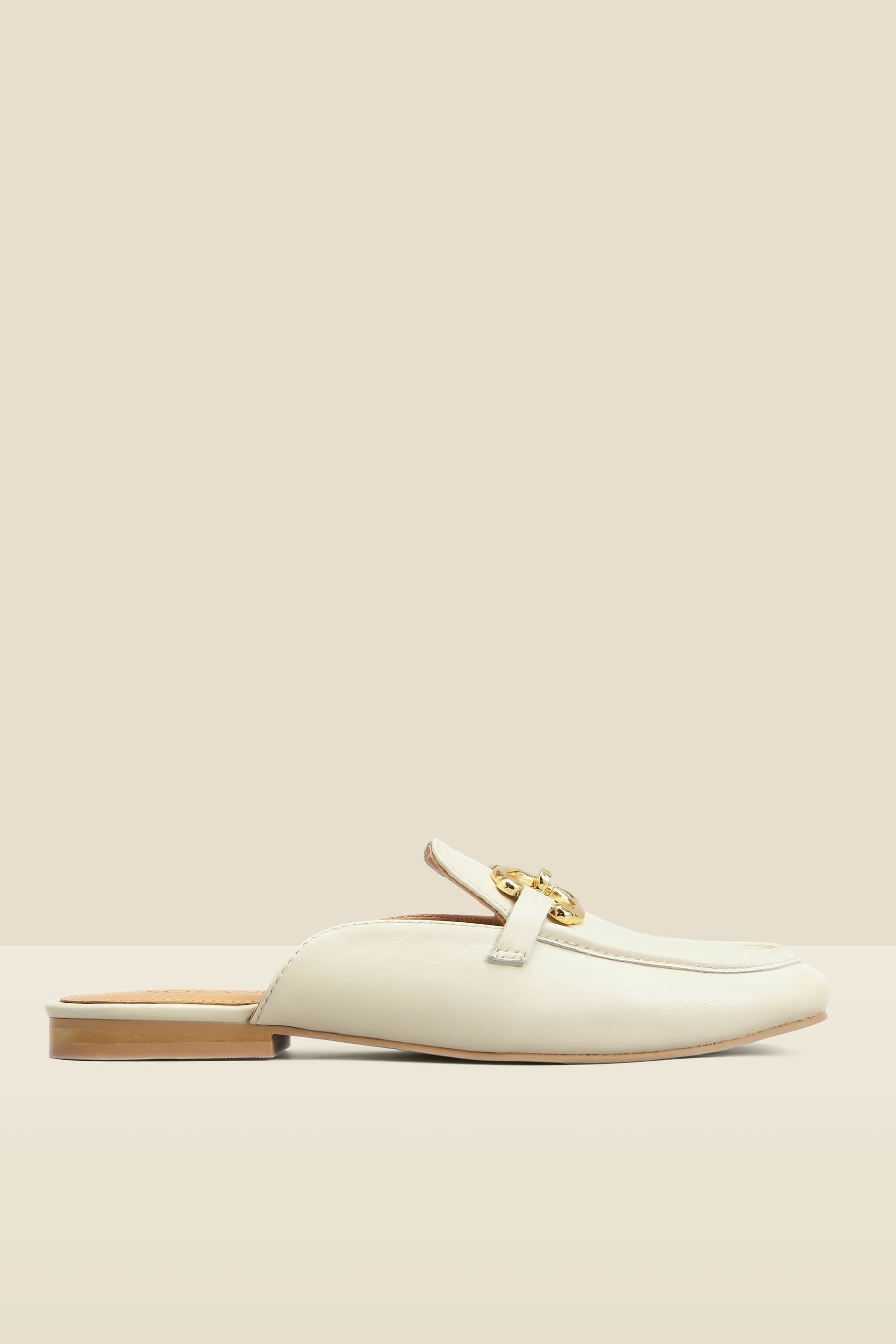 Sosandar Cream Leather Gold Trim Detail Mule Loafers