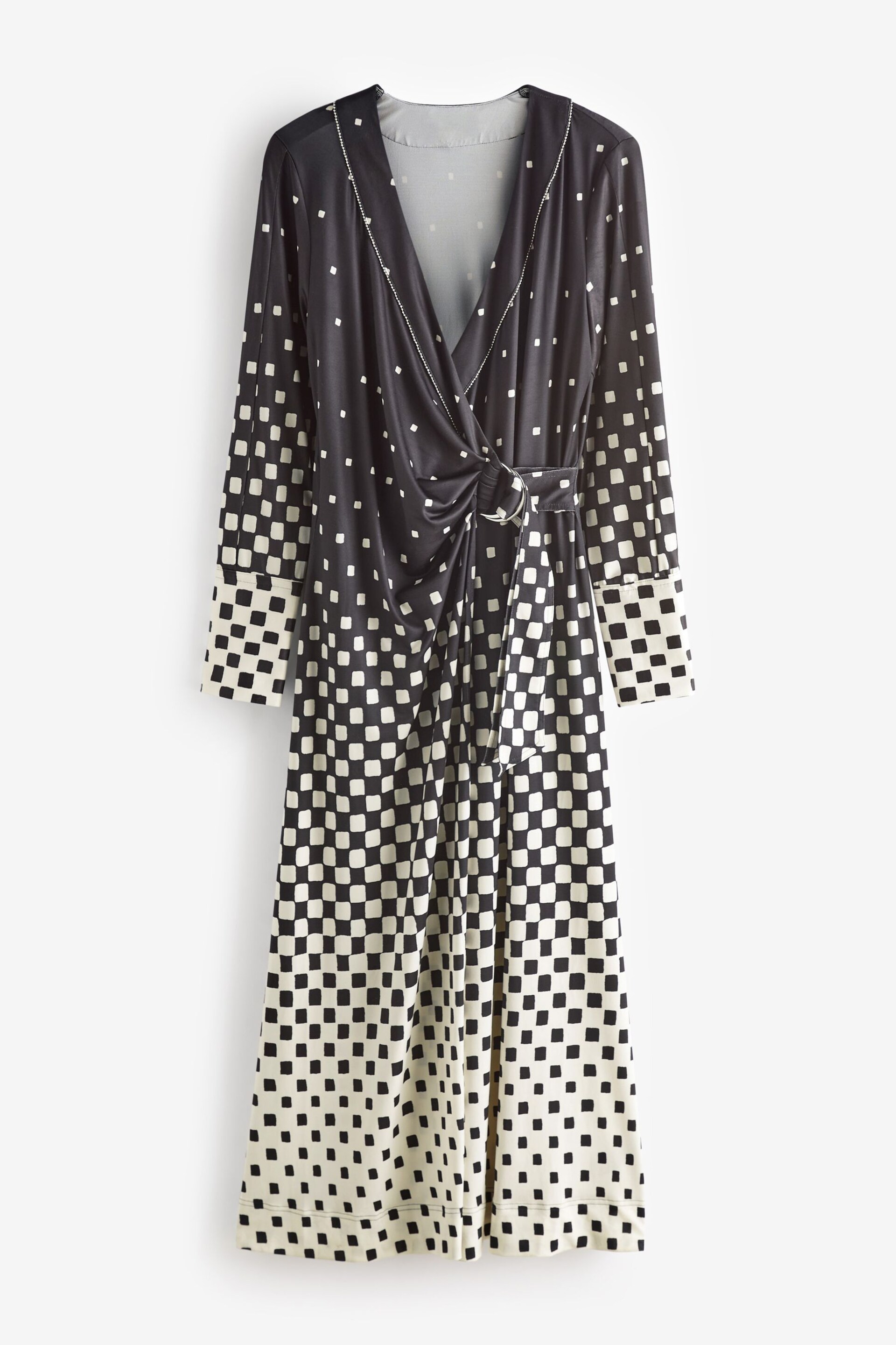 Monochrome Check Print Long Sleeve Wrap Midi Dress - Image 4 of 5