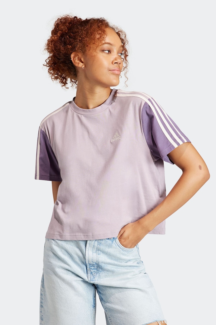 adidas Purple 100% Cotton Sportswear Essentials 3-Stripes Single Jersey Crop T-Shirt - Image 1 of 7