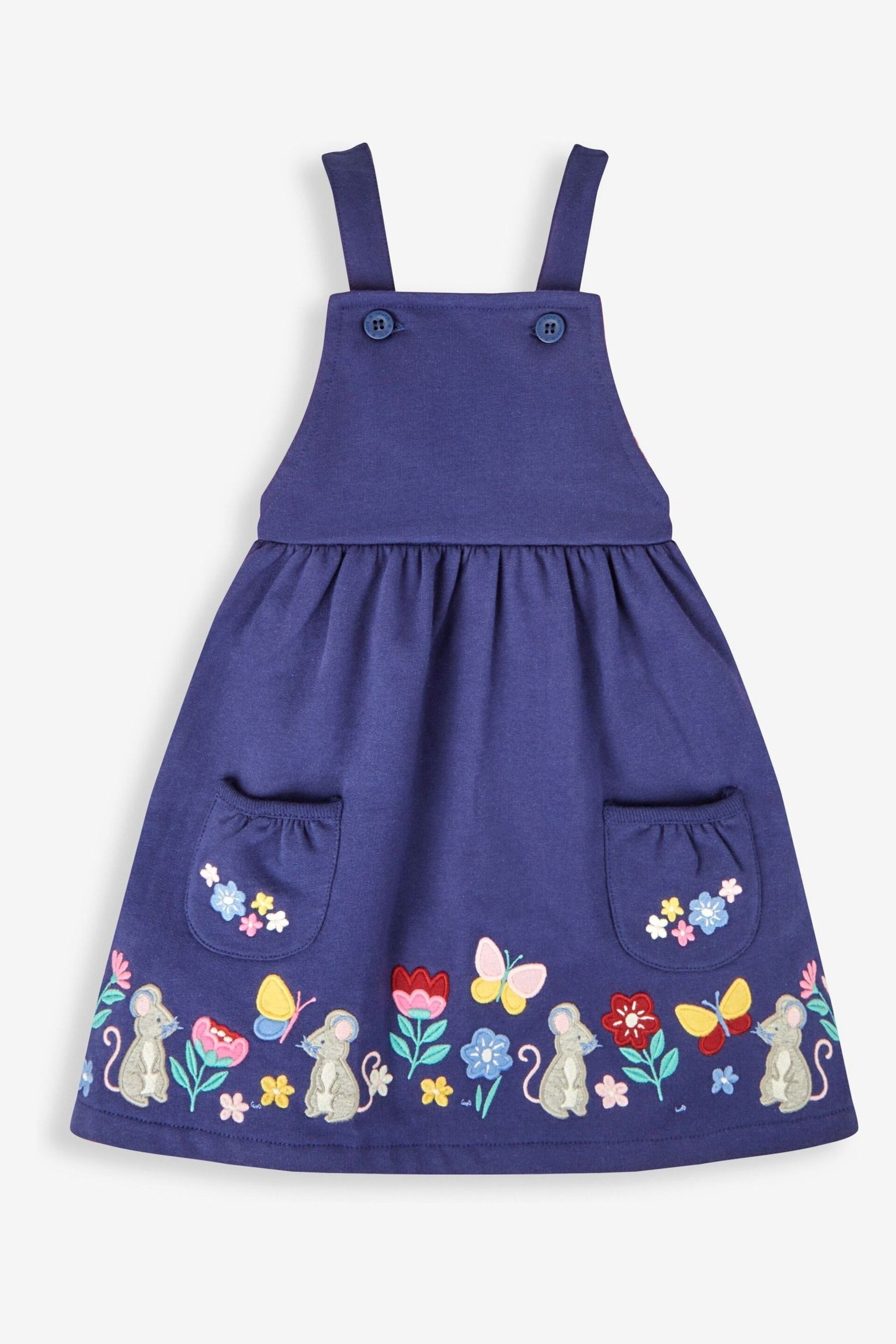 JoJo Maman Bébé Navy Blue Hedgerow Friends Girls' 2-Piece Appliqué Pinafore Dress & Top Set - Image 3 of 6