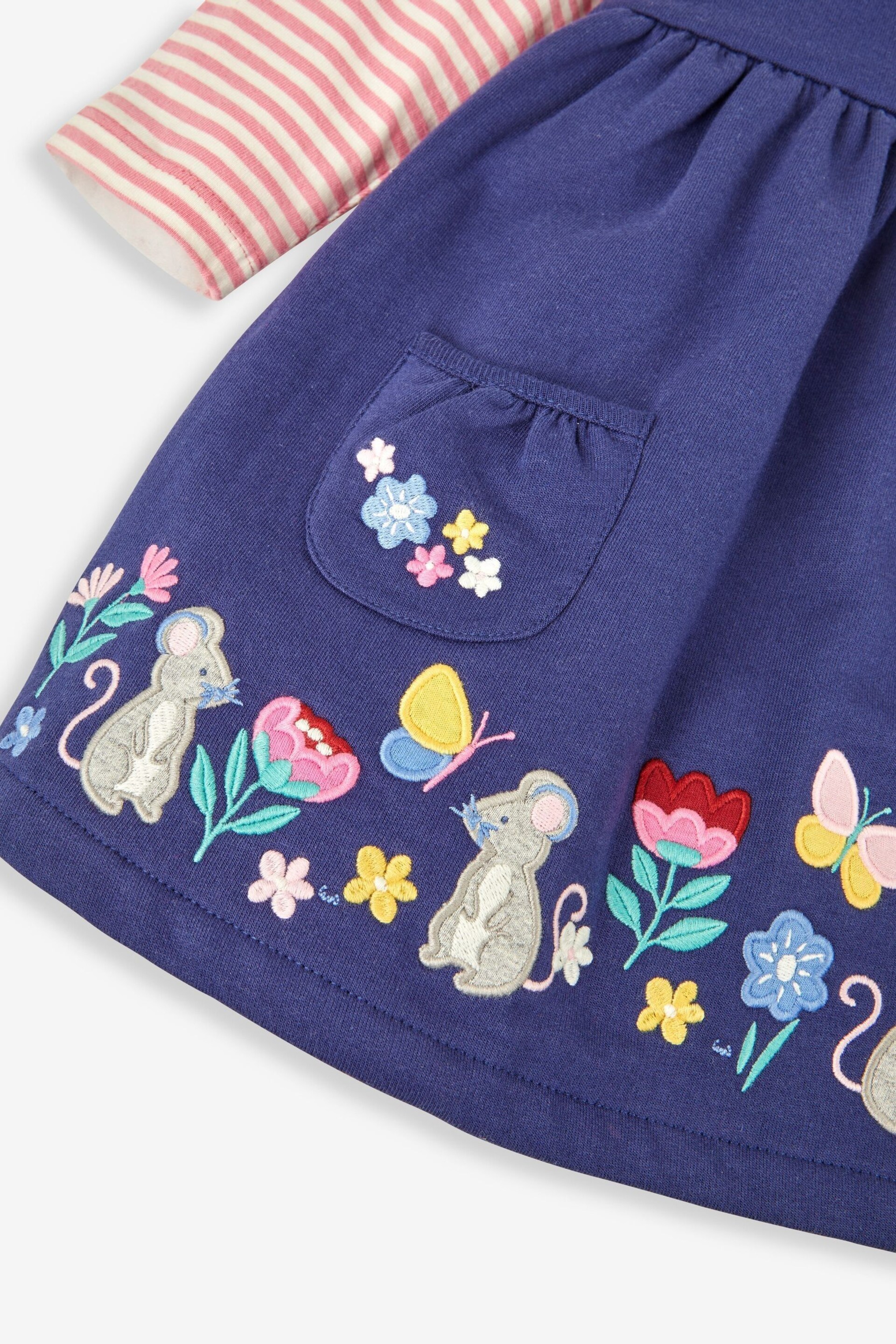 JoJo Maman Bébé Navy Blue Hedgerow Friends Girls' 2-Piece Appliqué Pinafore Dress & Top Set - Image 6 of 6