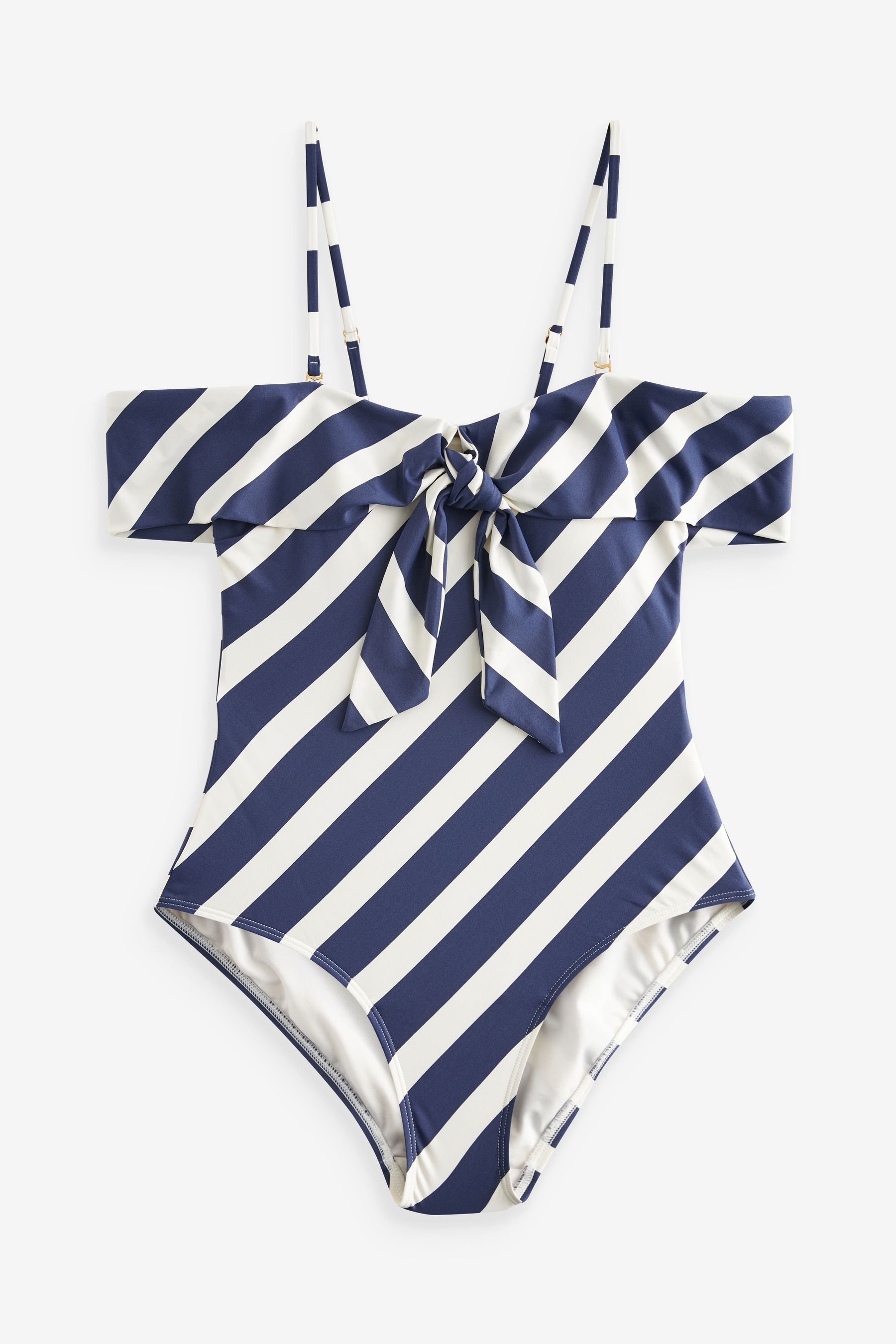 Navy Cream Stripe Cold Shoulder Bardot Tummy Shaping Control Swimsuit