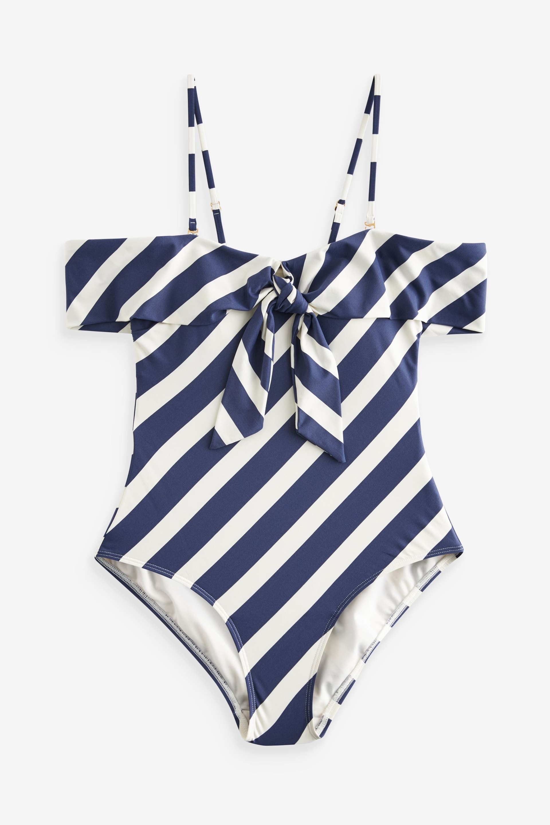 Navy/Cream Stripe Cold Shoulder Bardot Tummy Shaping Control Swimsuit - Image 6 of 6