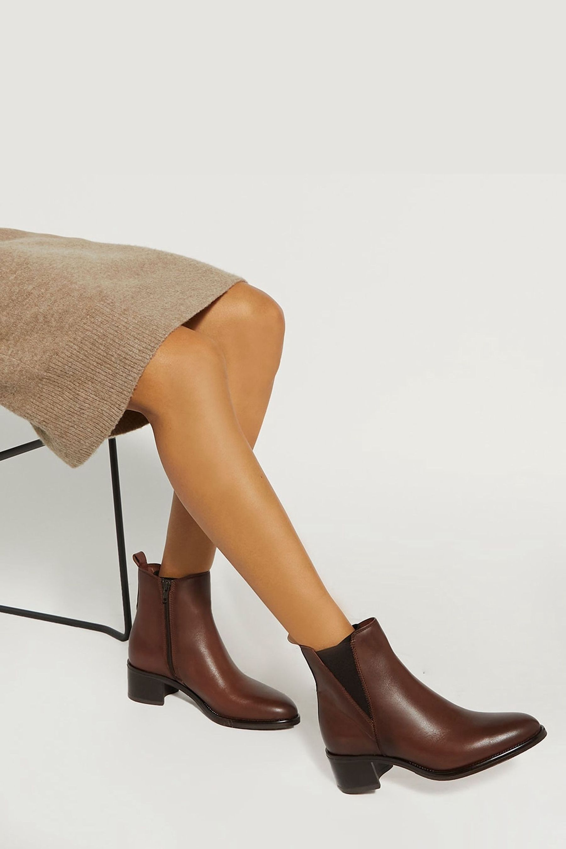 Dune London Brown Pouring V Cut Elastic Heeled Boots