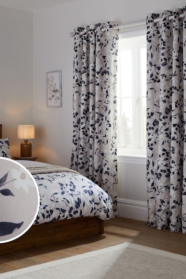 Blue/Neutral Blossom Floral Eyelet Blackout/Thermal Curtains