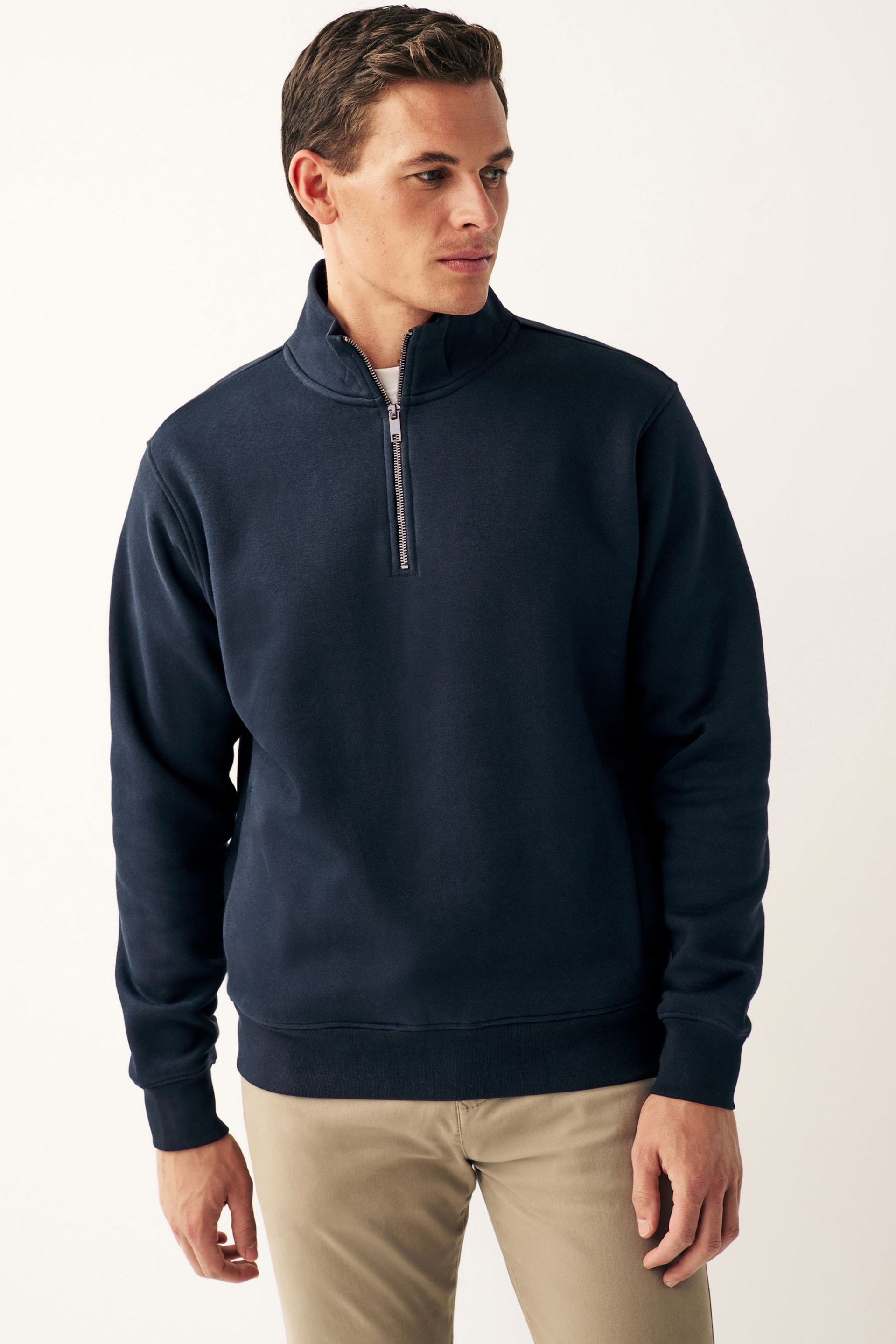 Navy Zip Neck Jersey Cotton Rich Sweatshirt - Image 1 of 7