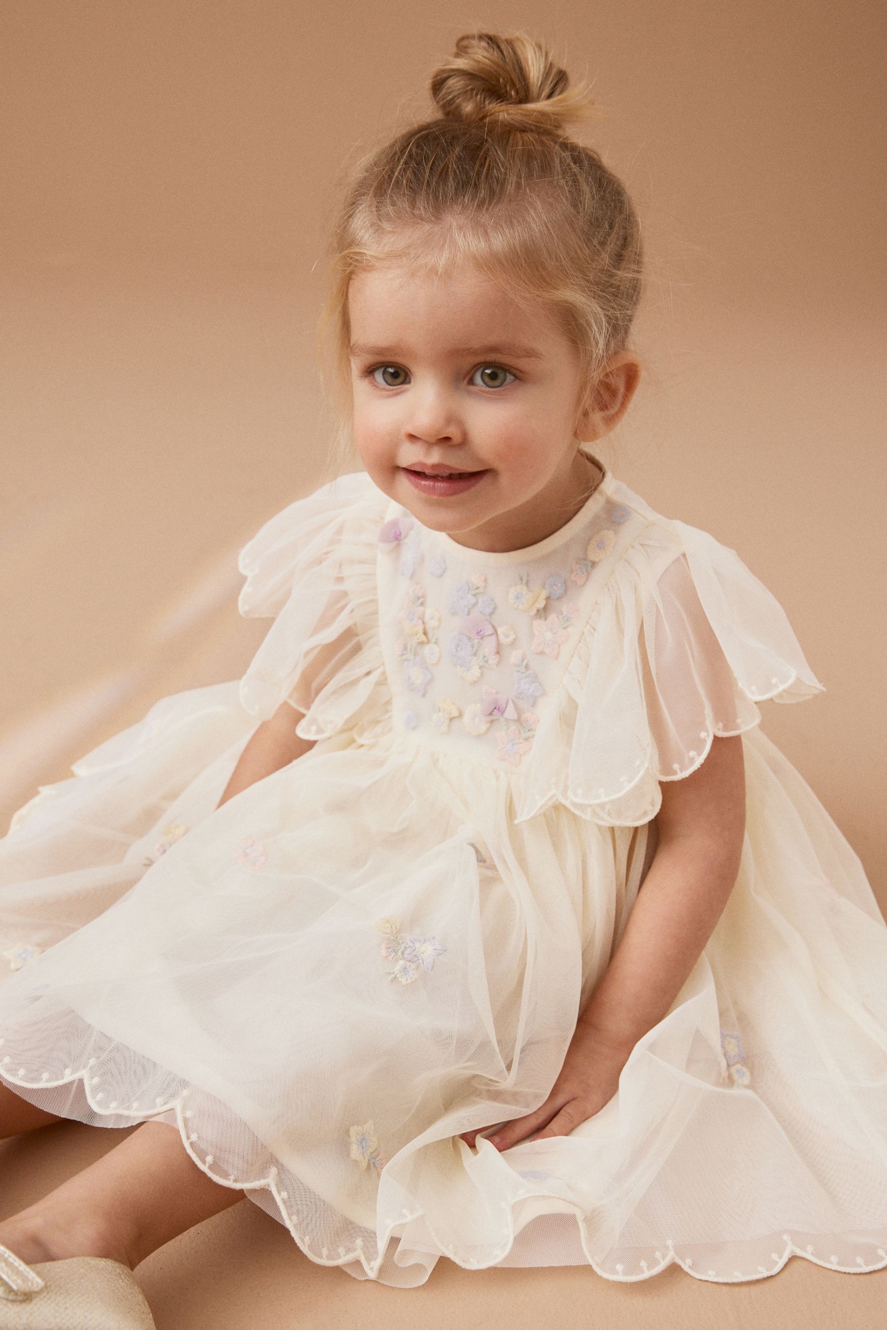 Cream Embroidered Mesh Party Dress 3mths 7yrs