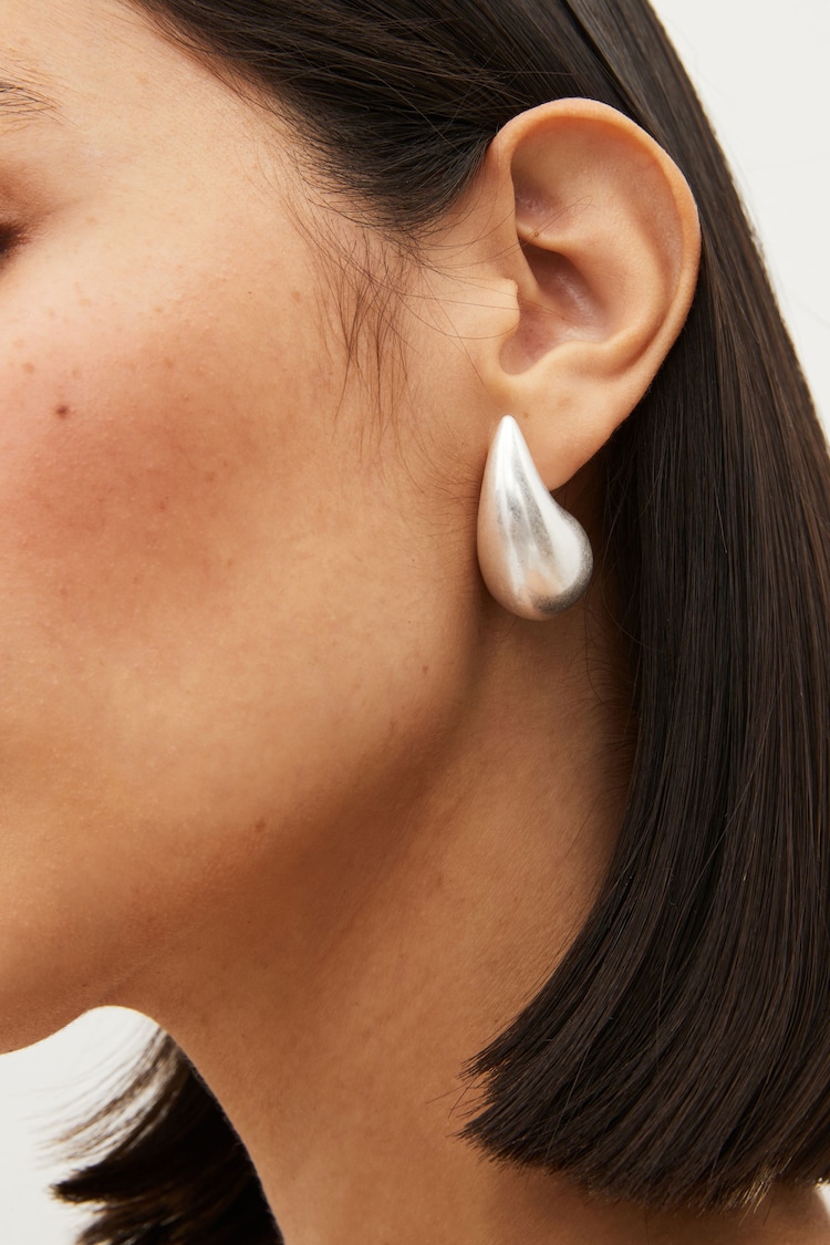 Brushed Silver Tone Teardrop Statement Stud Earrings - Image 2 of 3