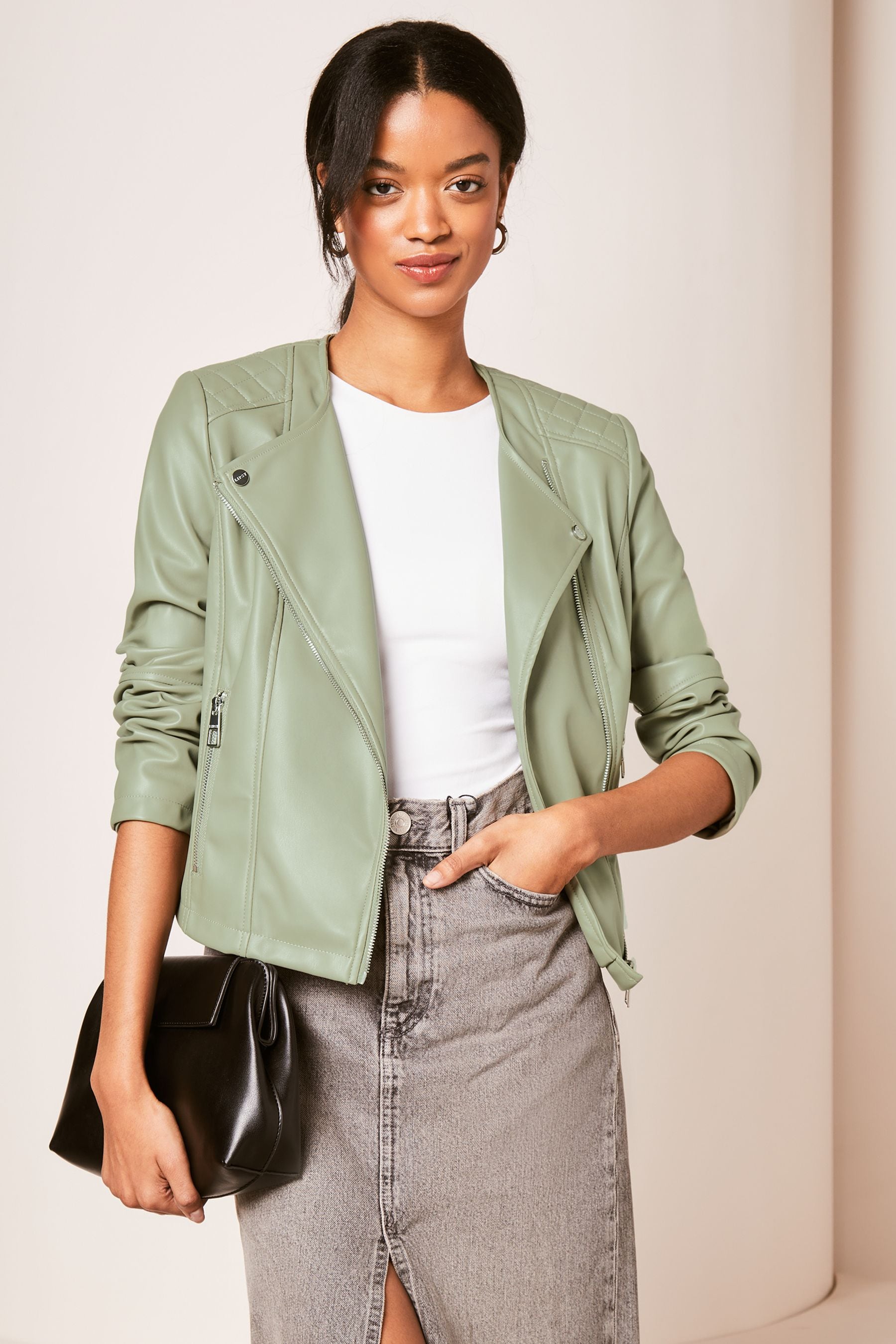 Green leather jacket skirt online