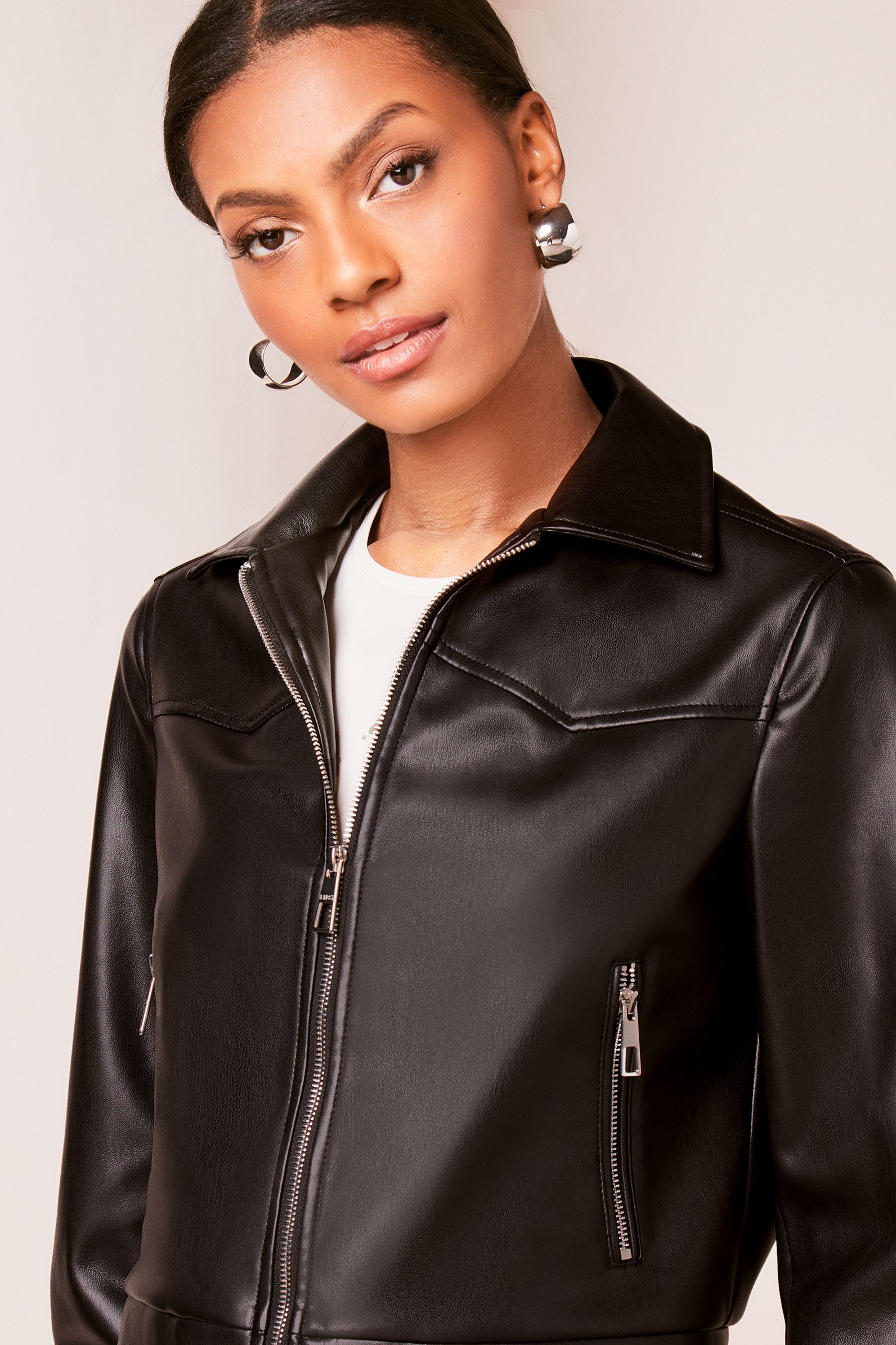 Buy Lipsy Black Faux Leather Collar Zip Through Bomber Jacket from Next Oman
