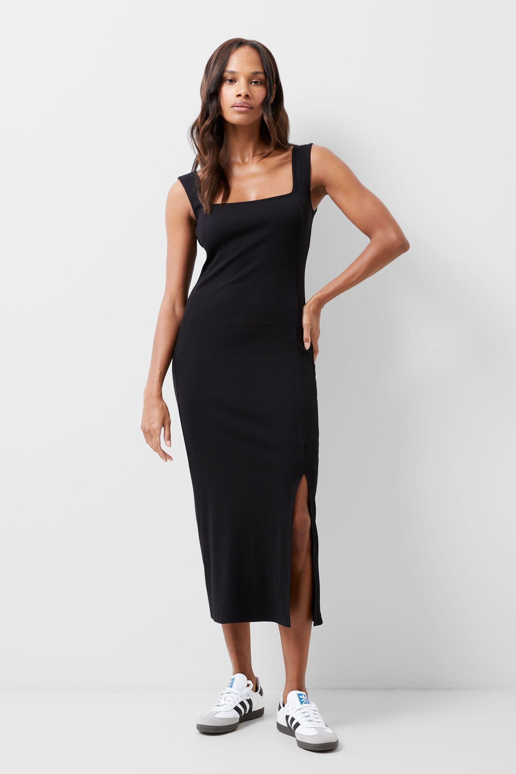 French Connection Black Rib Rassia Square Neck Dress