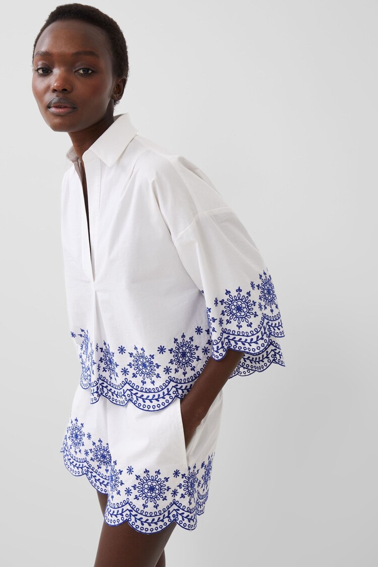 French Connection White 100% Cotton Embroidered Alissa Popover Shirt - Image 1 of 4