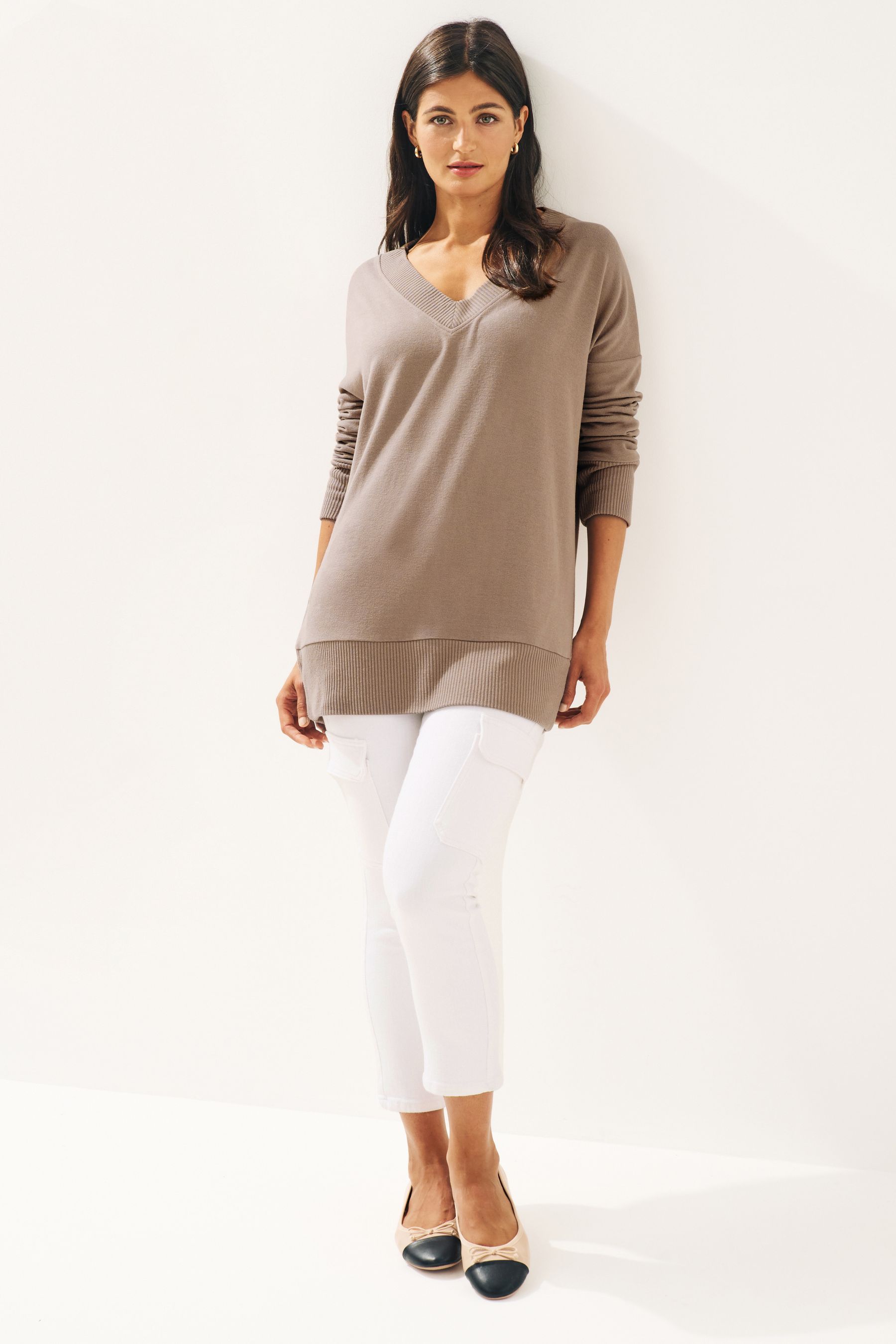 Taupe Brown Cosy Lightweight Soft Touch Longline V Neck Jumper Top