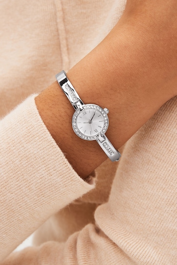 Silver Tone Sparkle Hinge Bracelet Watch