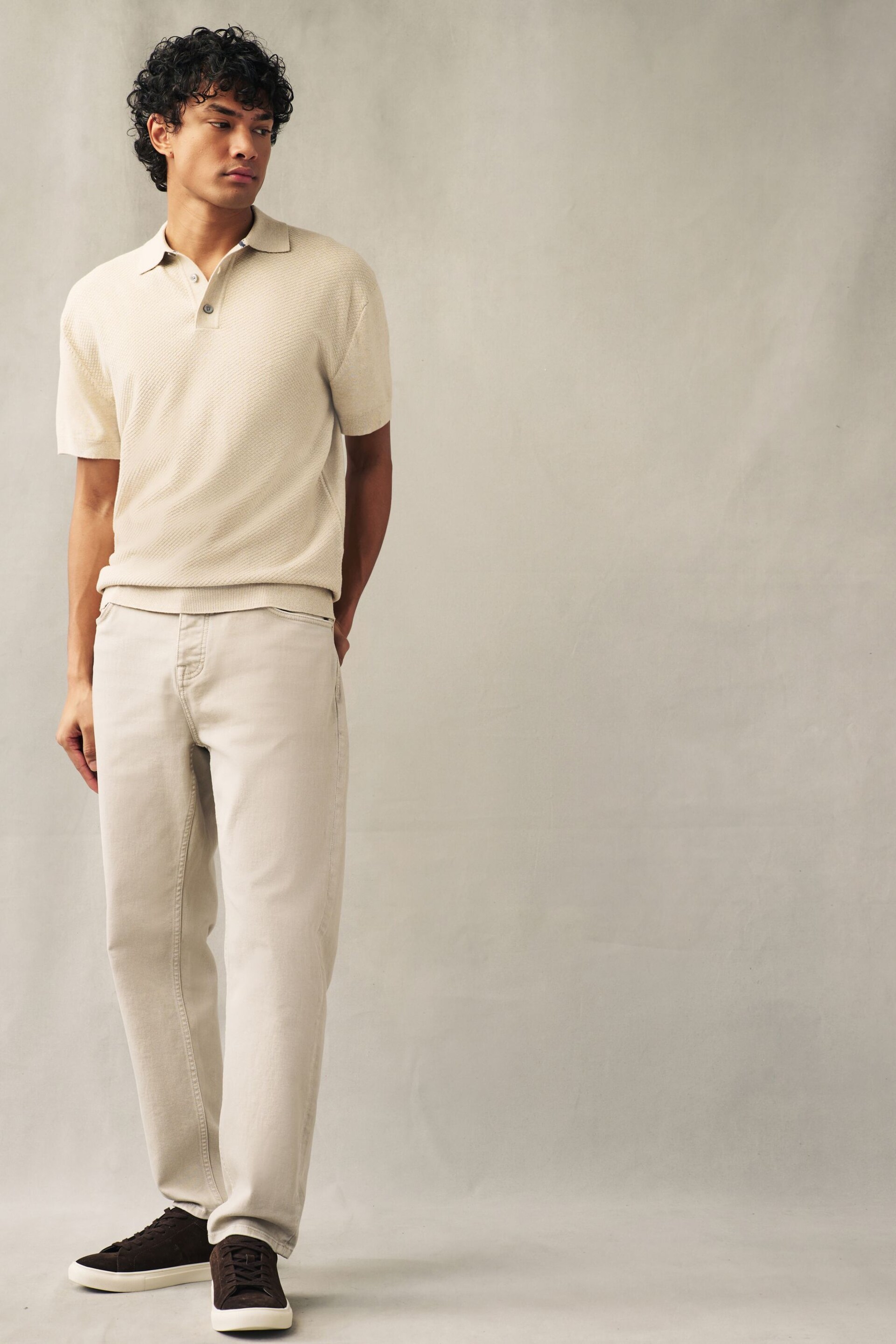 Neutral Knitted Bubble Textured Regular Fit Polo Shirt - Image 2 of 7