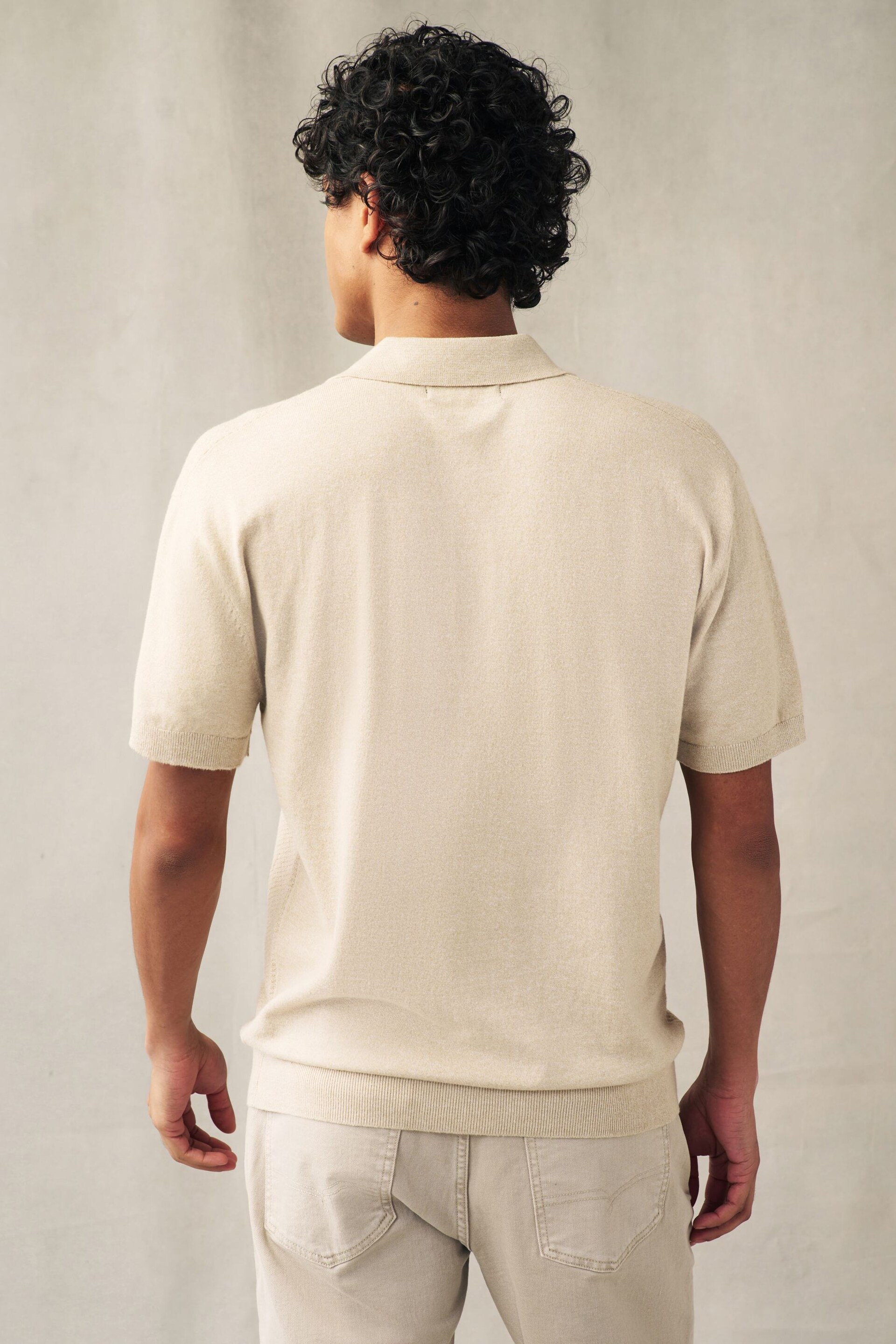 Neutral Knitted Bubble Textured Regular Fit Polo Shirt - Image 3 of 7