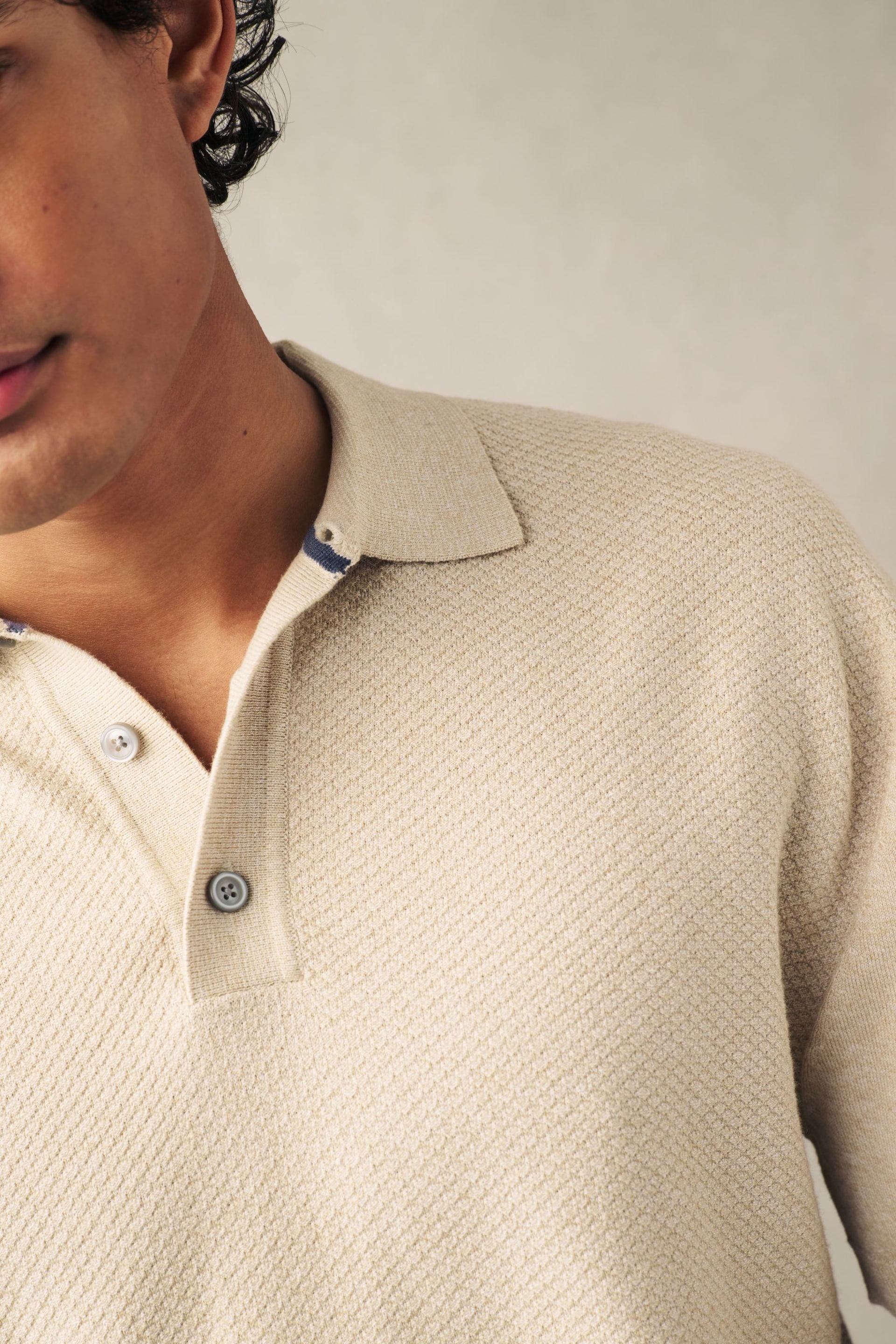 Neutral Knitted Bubble Textured Regular Fit Polo Shirt - Image 4 of 7