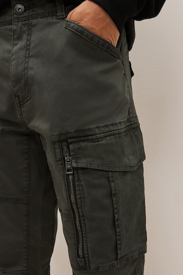 Dark Khaki Green Slim Fit Zip Detail Stretch Cargo Trousers