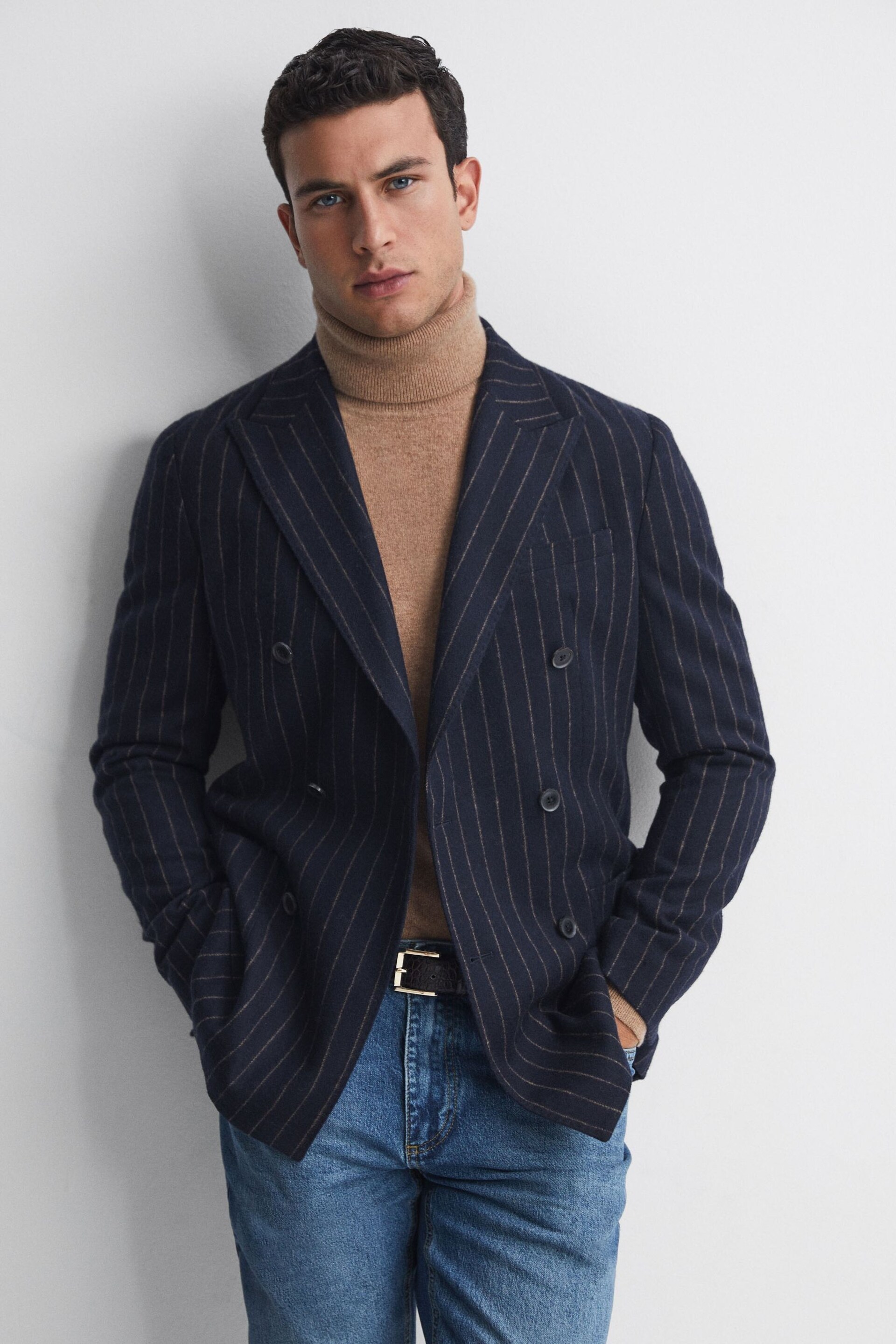 Reiss Navy Patch Slim Fit Wool Double Breasted Pinstripe Blazer - Image 1 of 7