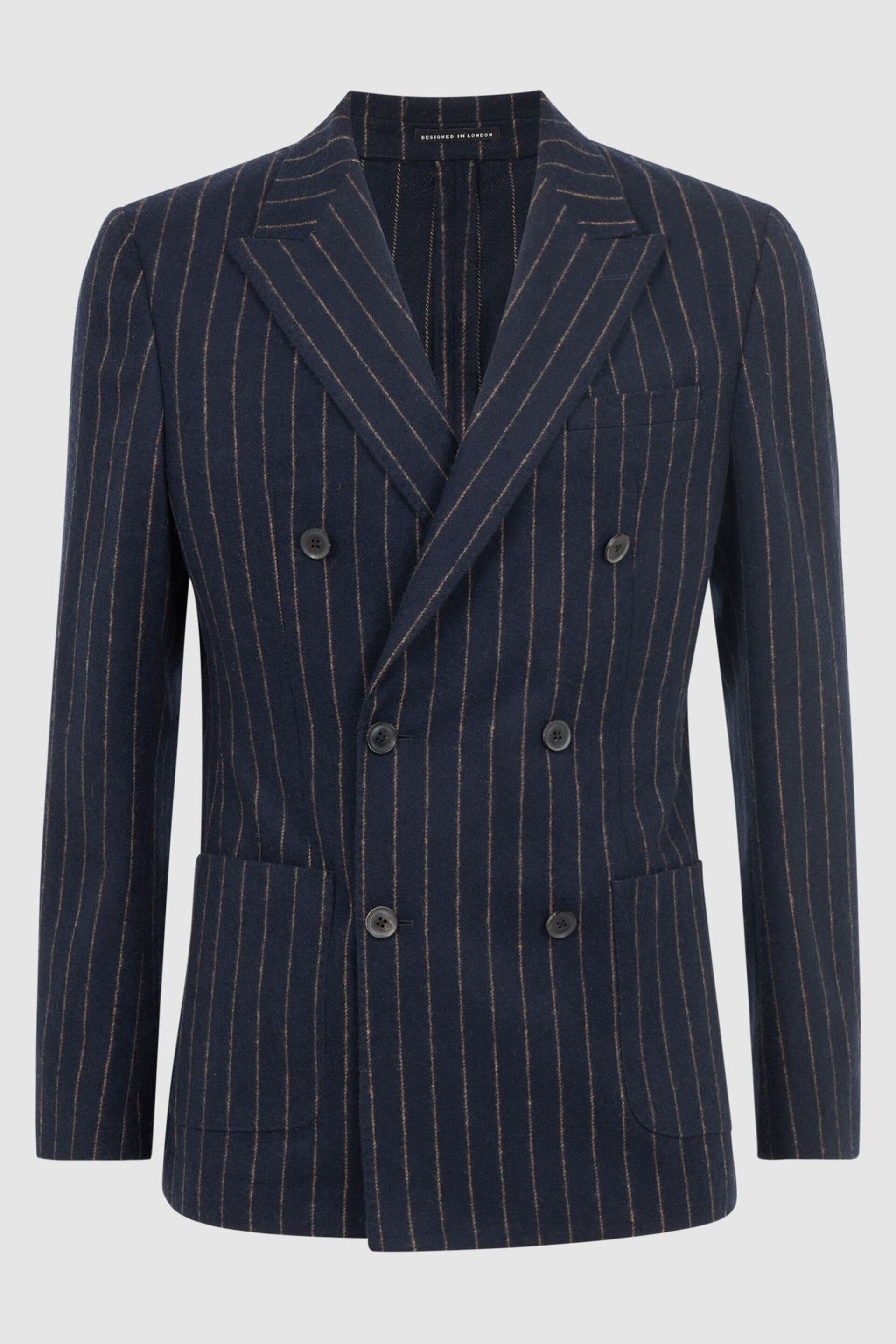 Reiss Navy Patch Slim Fit Wool Double Breasted Pinstripe Blazer - Image 2 of 7