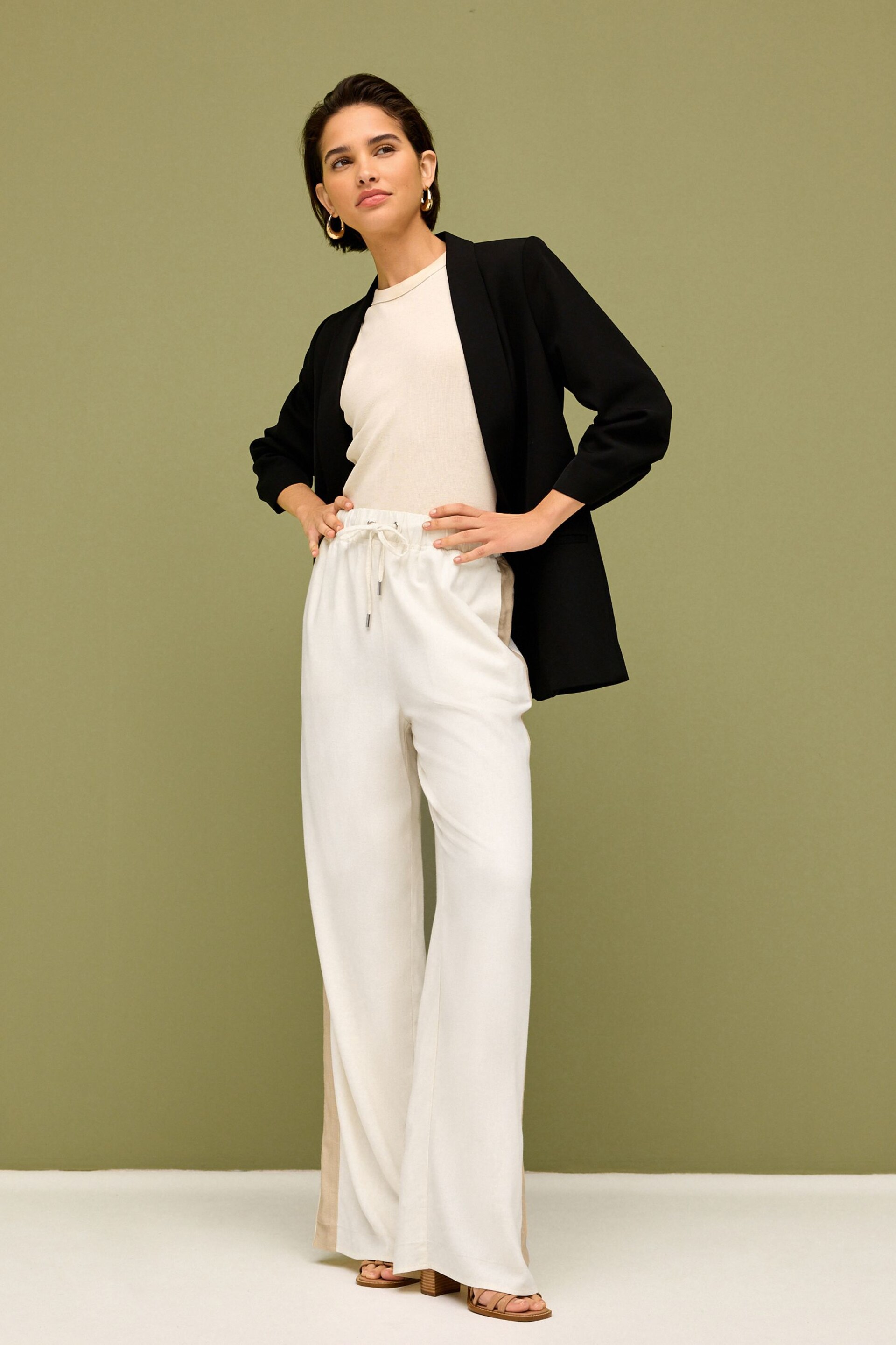 Neutral/Tan Linen Blend Side Stripe Track Trousers - Image 2 of 5