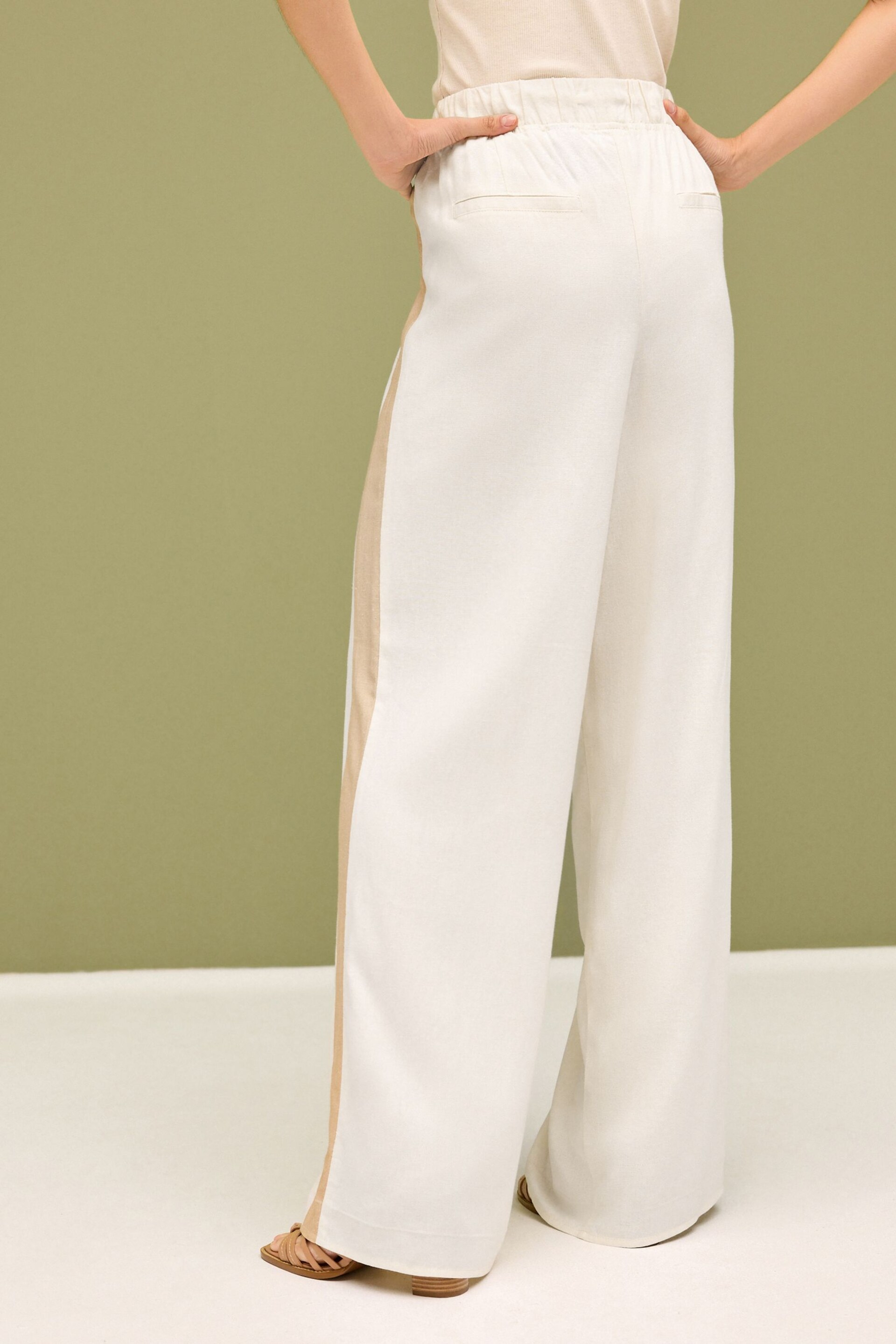 Neutral/Tan Linen Blend Side Stripe Track Trousers - Image 4 of 5