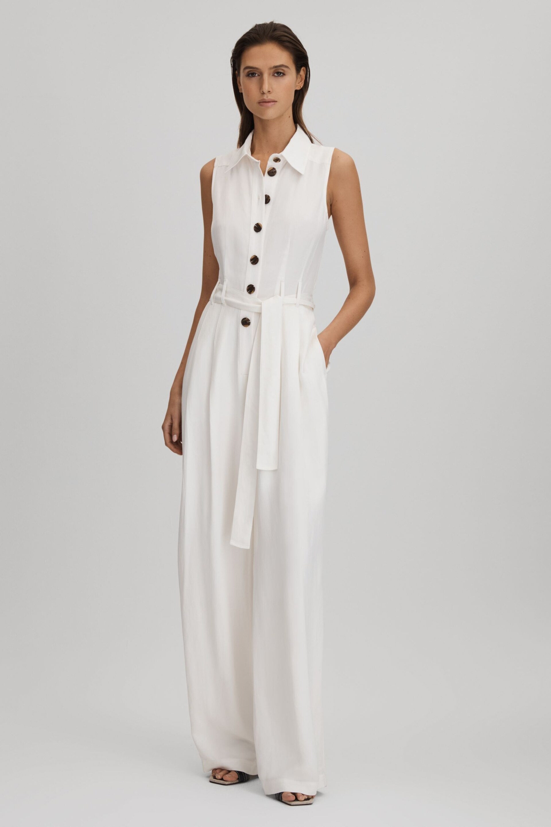 Reiss White Perla Petite Belted Wide Leg Jumpsuit - Image 4 of 7