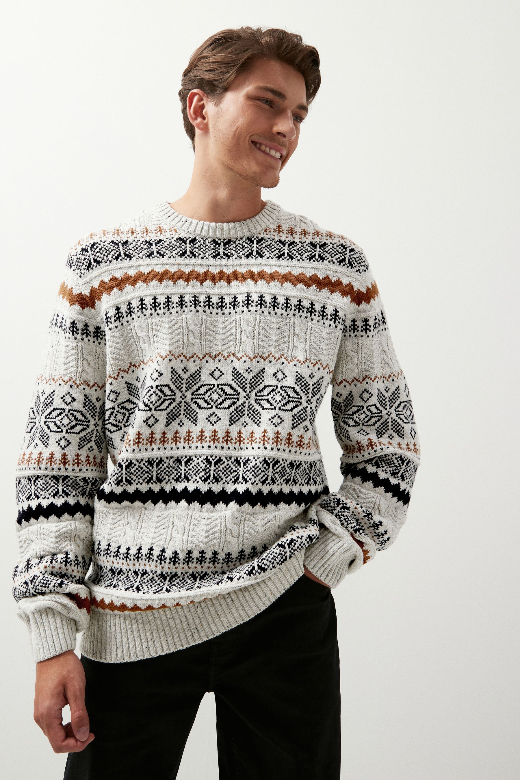 Buy Ecru Snowflake Crew Neck Regular Knitted Christmas Jumper from Next Luxembourg