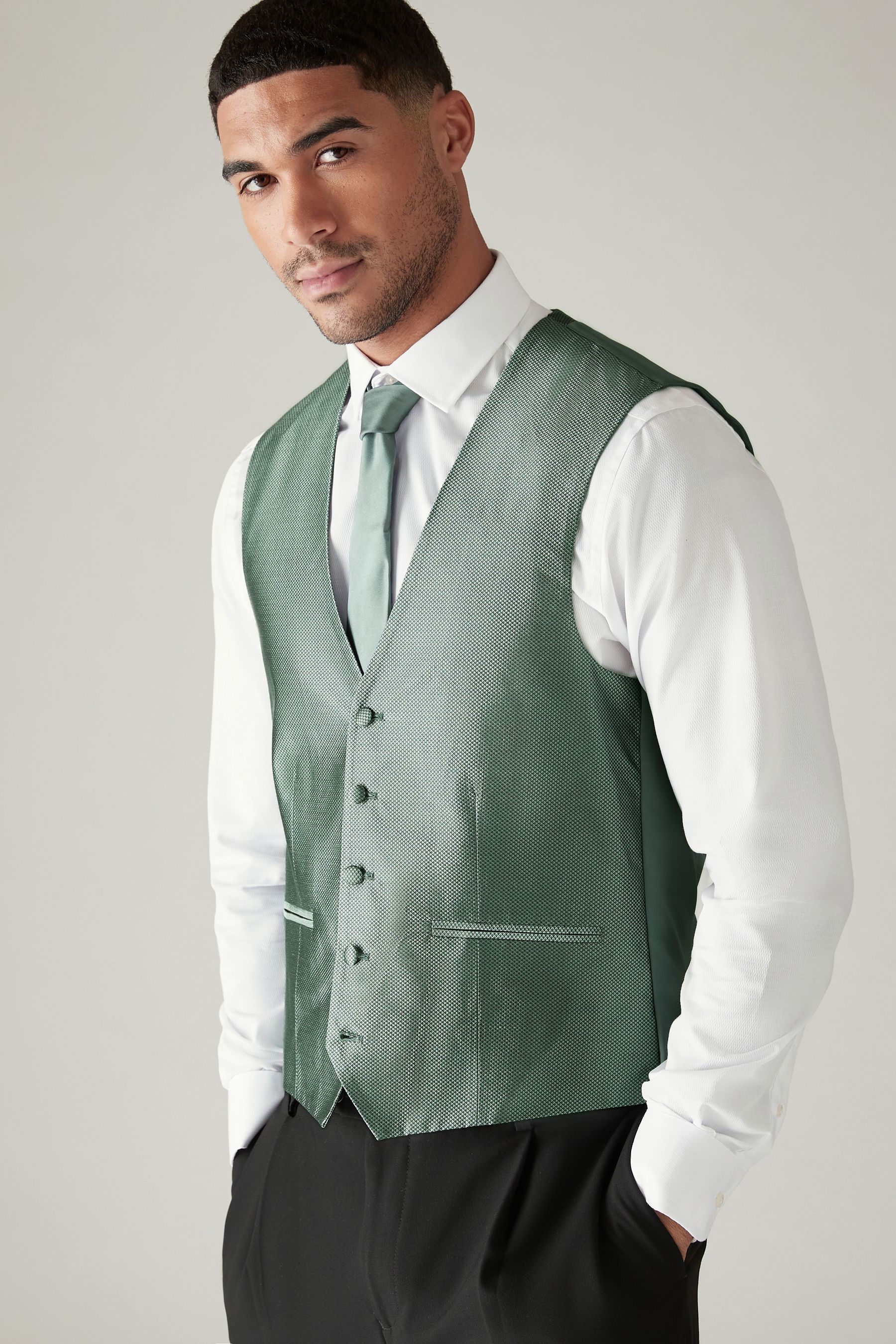 Sage Green Regular Fit Textured Waistcoat