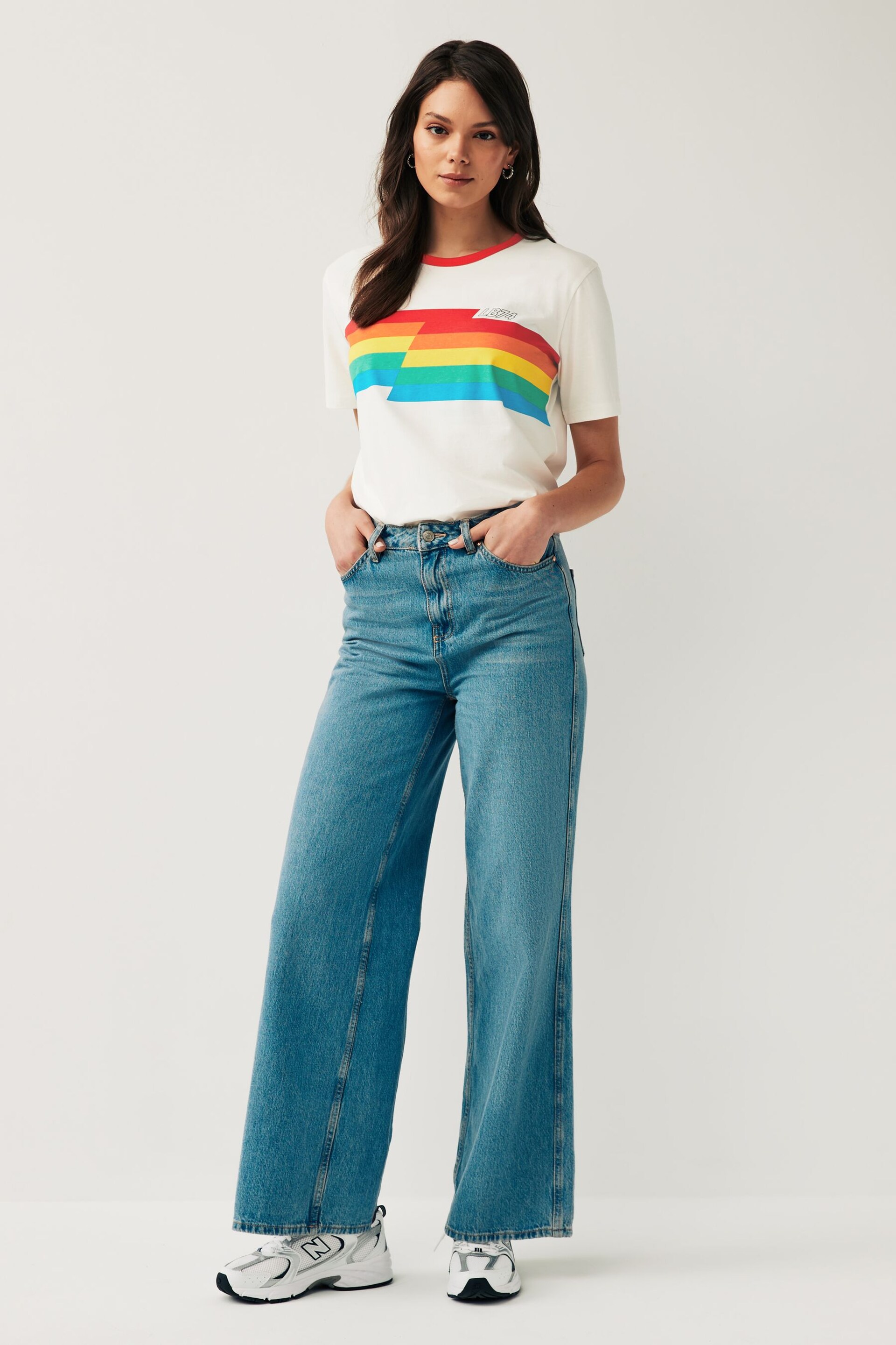 Little Bird by Jools Oliver Red Adults Short Sleeve Rainbow Stripe T-Shirt - Image 3 of 6