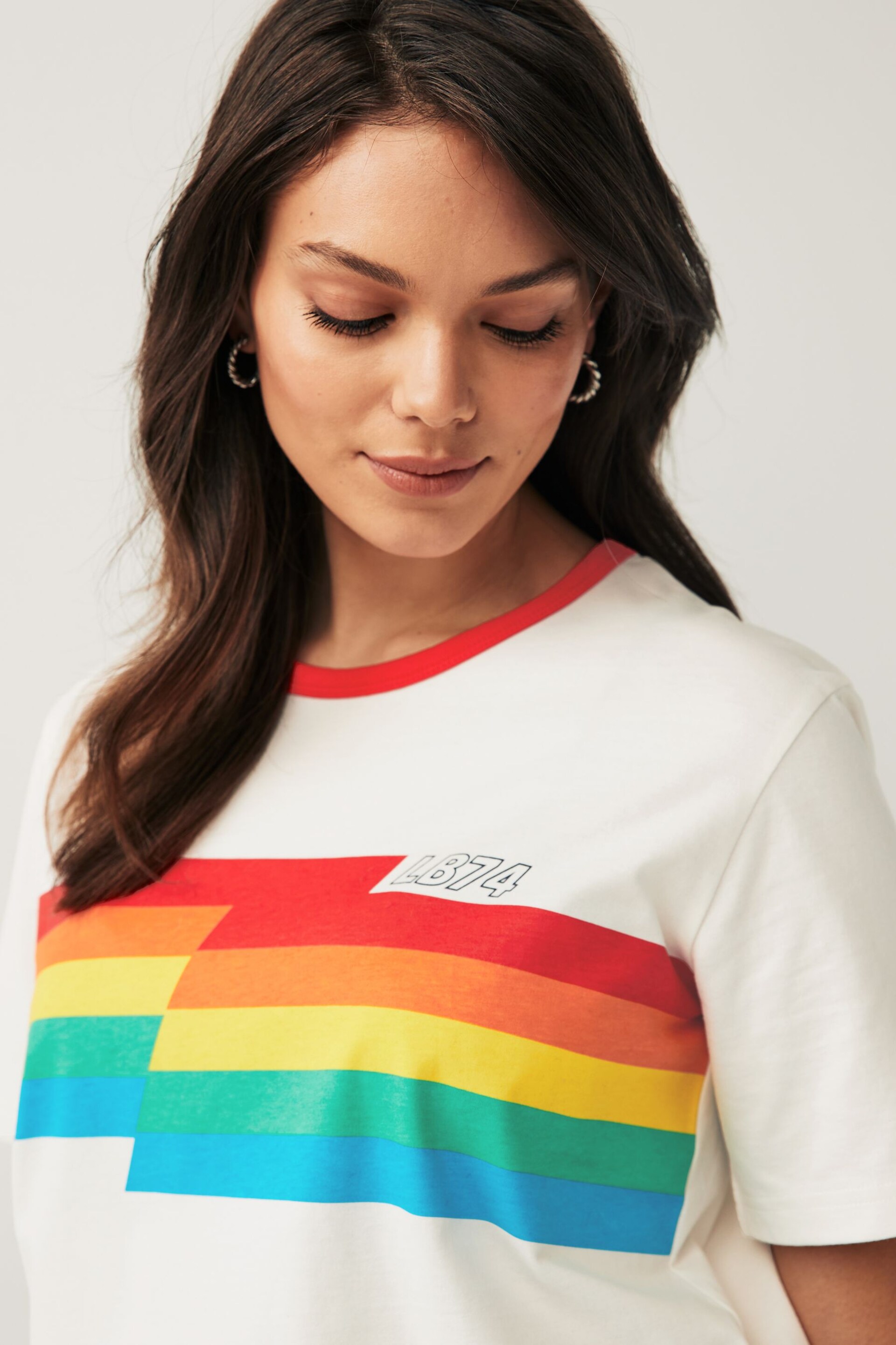 Little Bird by Jools Oliver Red Adults Short Sleeve Rainbow Stripe T-Shirt - Image 4 of 6