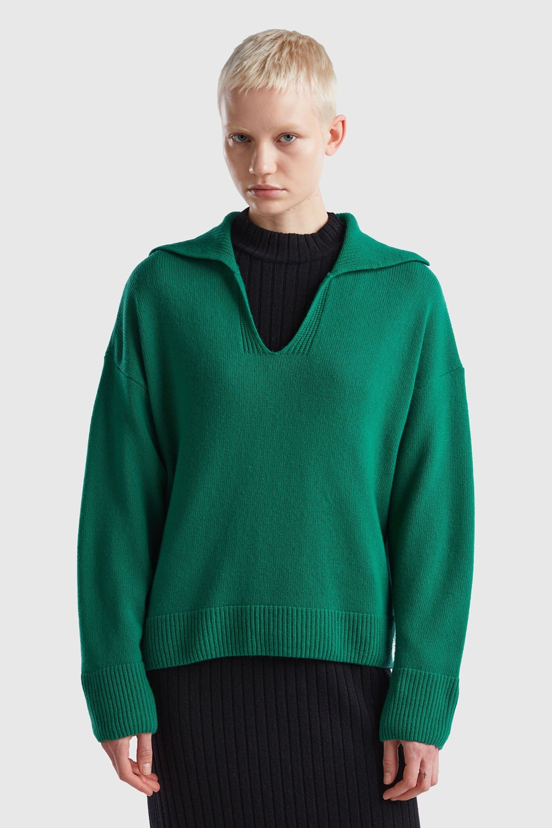 Benetton Oversized Green Wool Blend Collar Jumper - Image 1 of 3