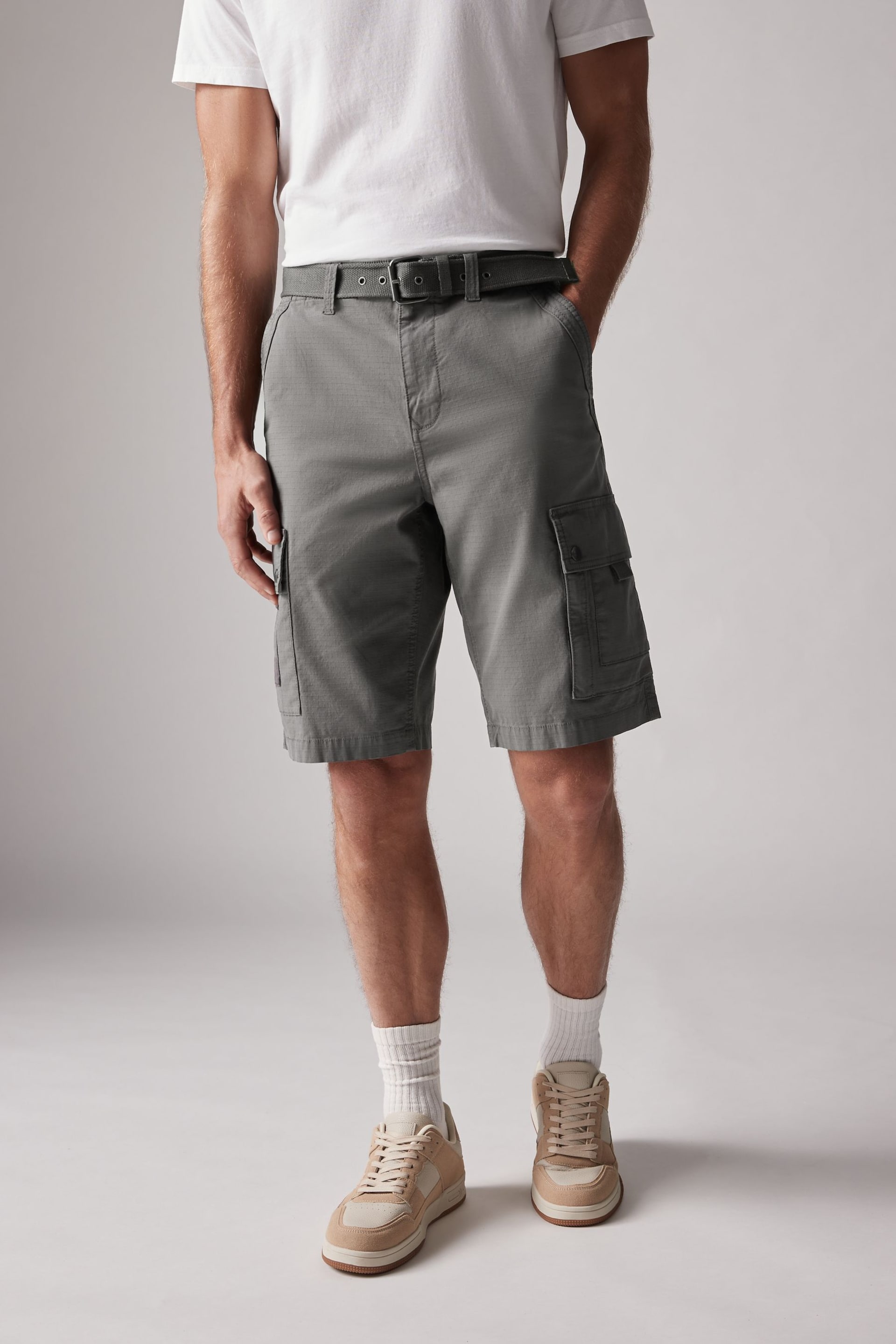 Charcoal Grey Belted Cargo Shorts - Image 1 of 12