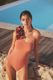 Pink Ruffle One Shoulder Tummy Shaping Control Swimsuit - Image 2 of 6