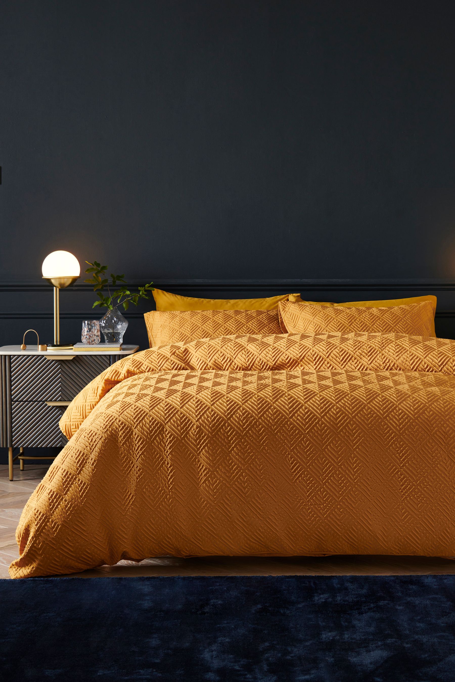 Buy Ochre Yellow Embossed Geometric Duvet Cover And Pillowcase Set