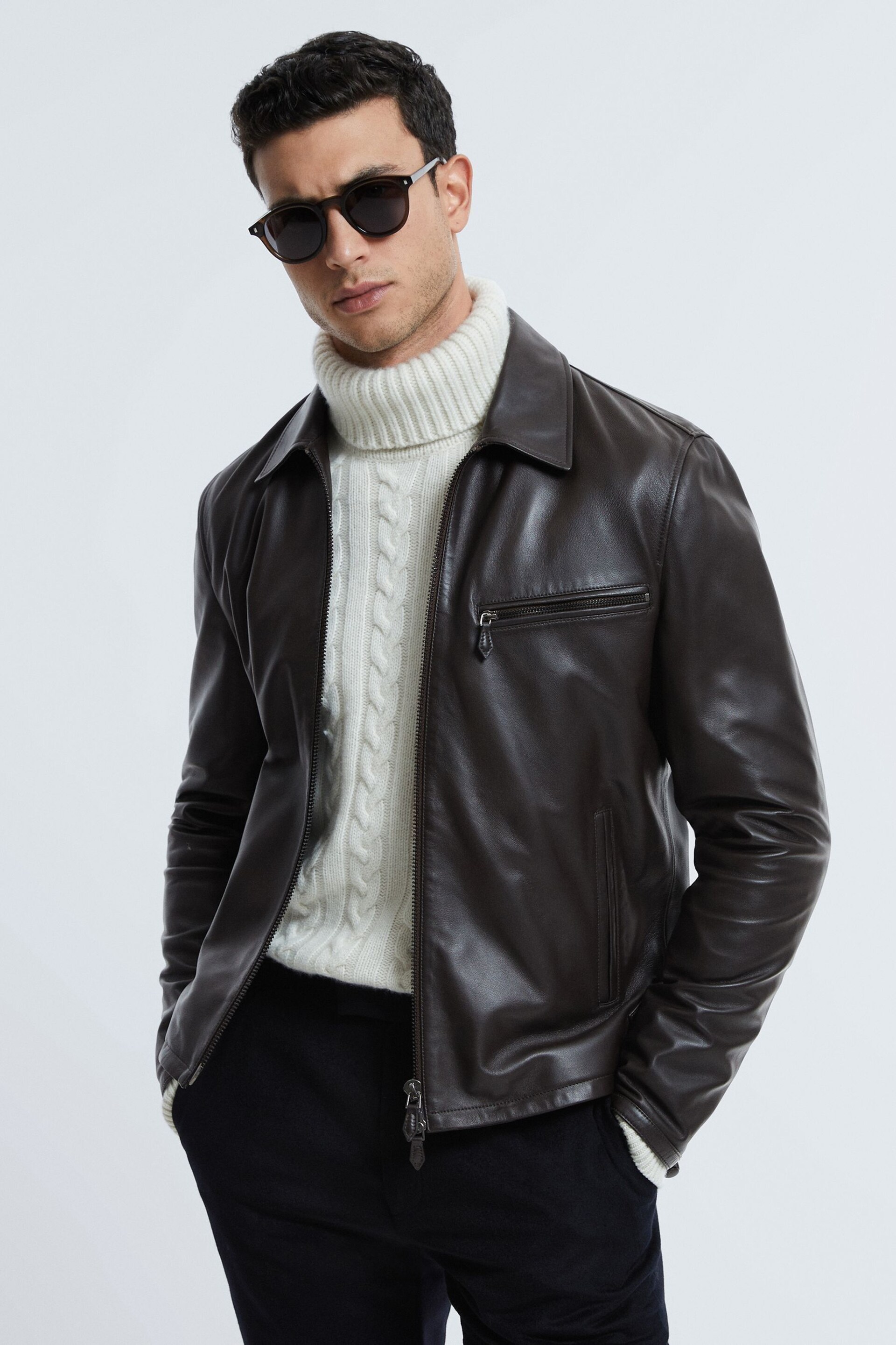 Reiss Chocolate Foster Leather Zip-Through Jacket - Image 1 of 8