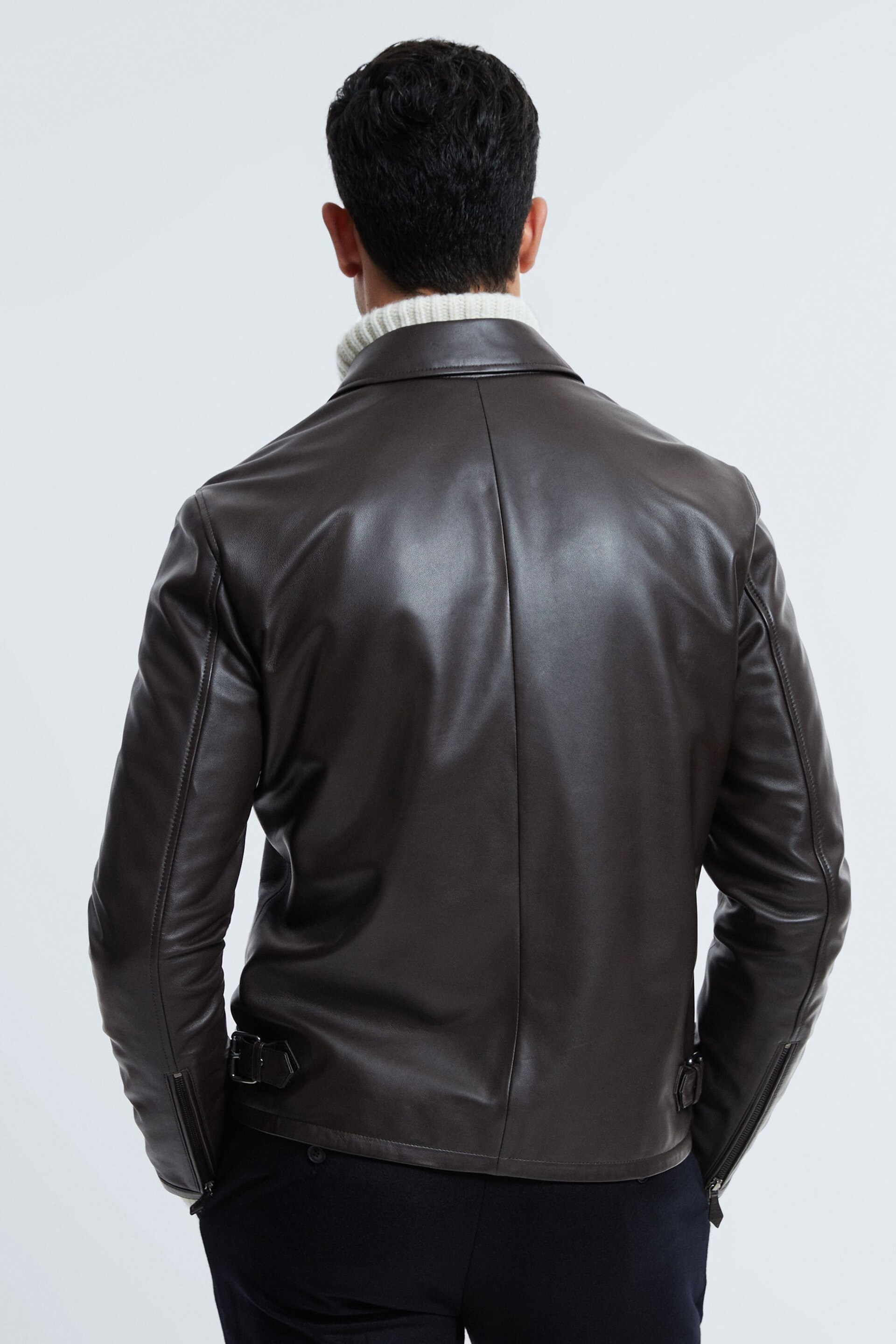 Reiss Chocolate Foster Leather Zip-Through Jacket - Image 5 of 8