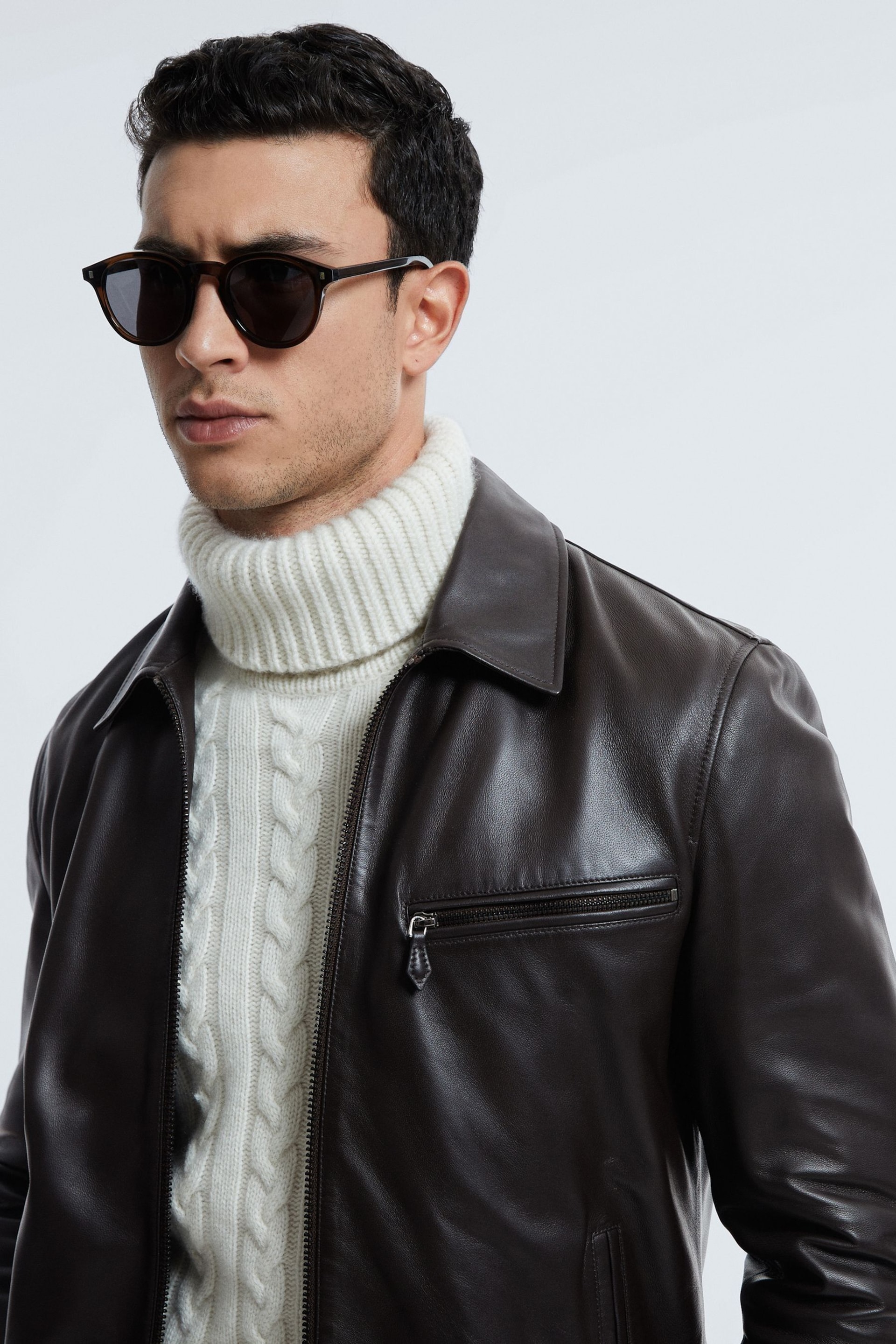 Reiss Chocolate Foster Leather Zip-Through Jacket - Image 6 of 8