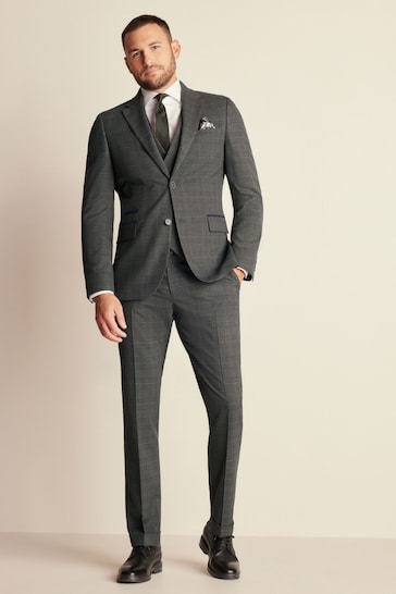 Green Slim Trimmed Check Suit: Waistcoat