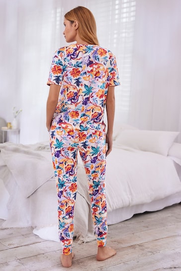Blue/Orange Floral Short Sleeve Cotton Pyjamas