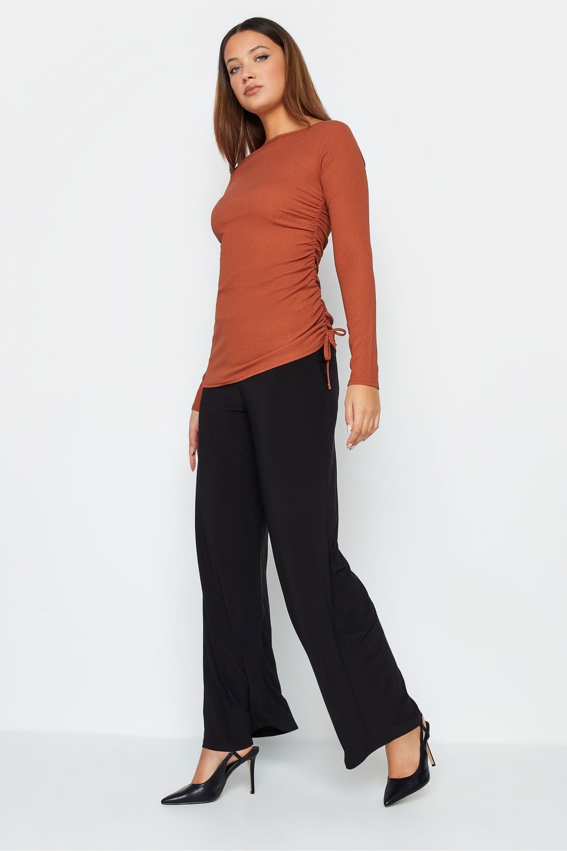 Long Tall Sally Brown Textured Ruched Side Top - Image 2 of 4