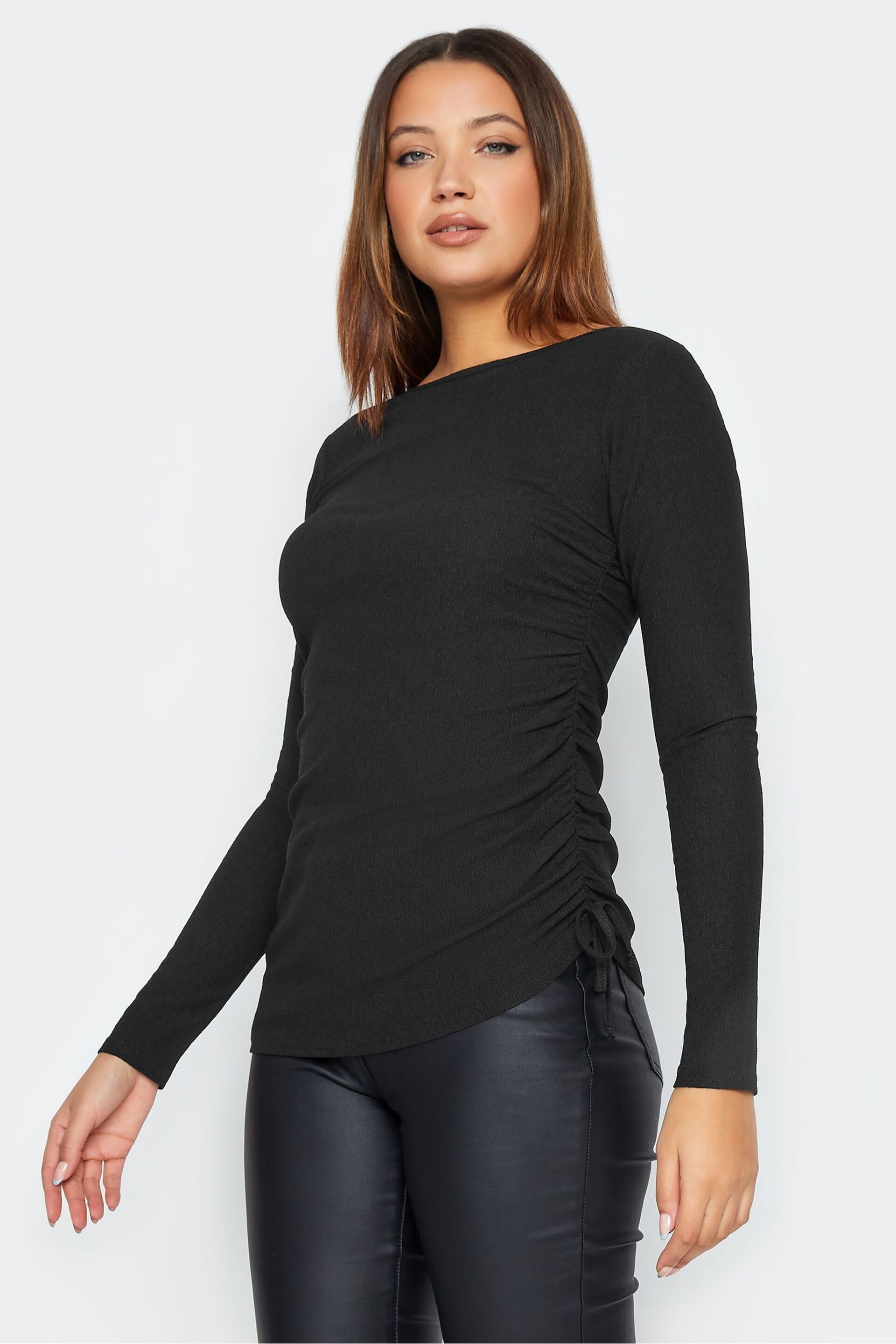 Long Tall Sally Black Textured Ruched Side Top - Image 1 of 4