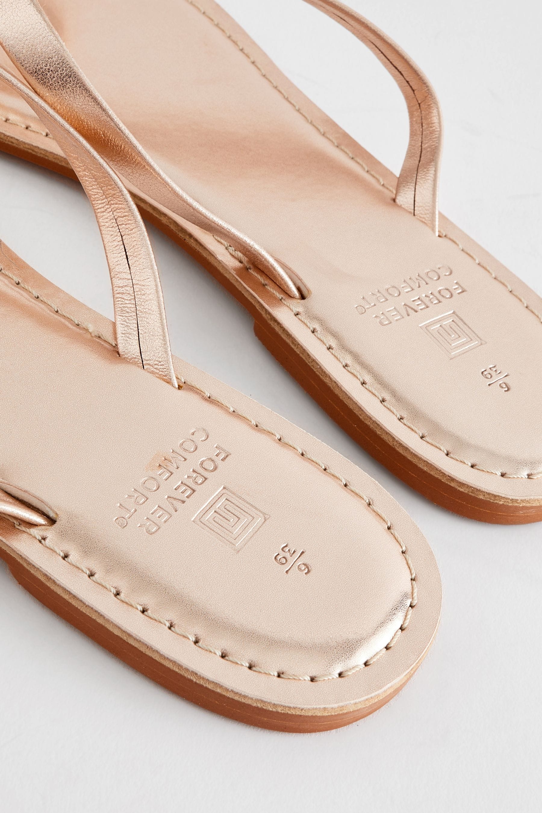 Rose Gold Standard Wide Fit Forever Comfort Bow Detail Leather Flip Flops