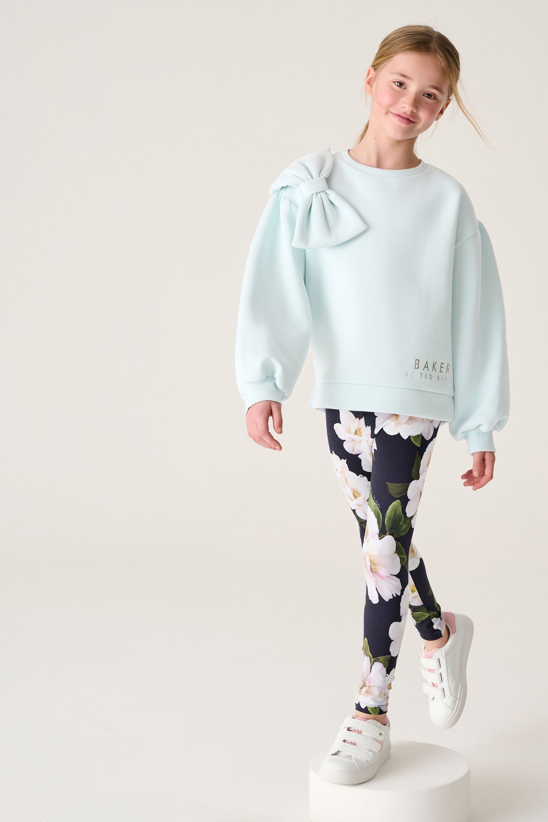 Baker by Ted Baker Bow 100 Cotton Sweater and Floral Leggings Set 13 Yrs NAVY Girls