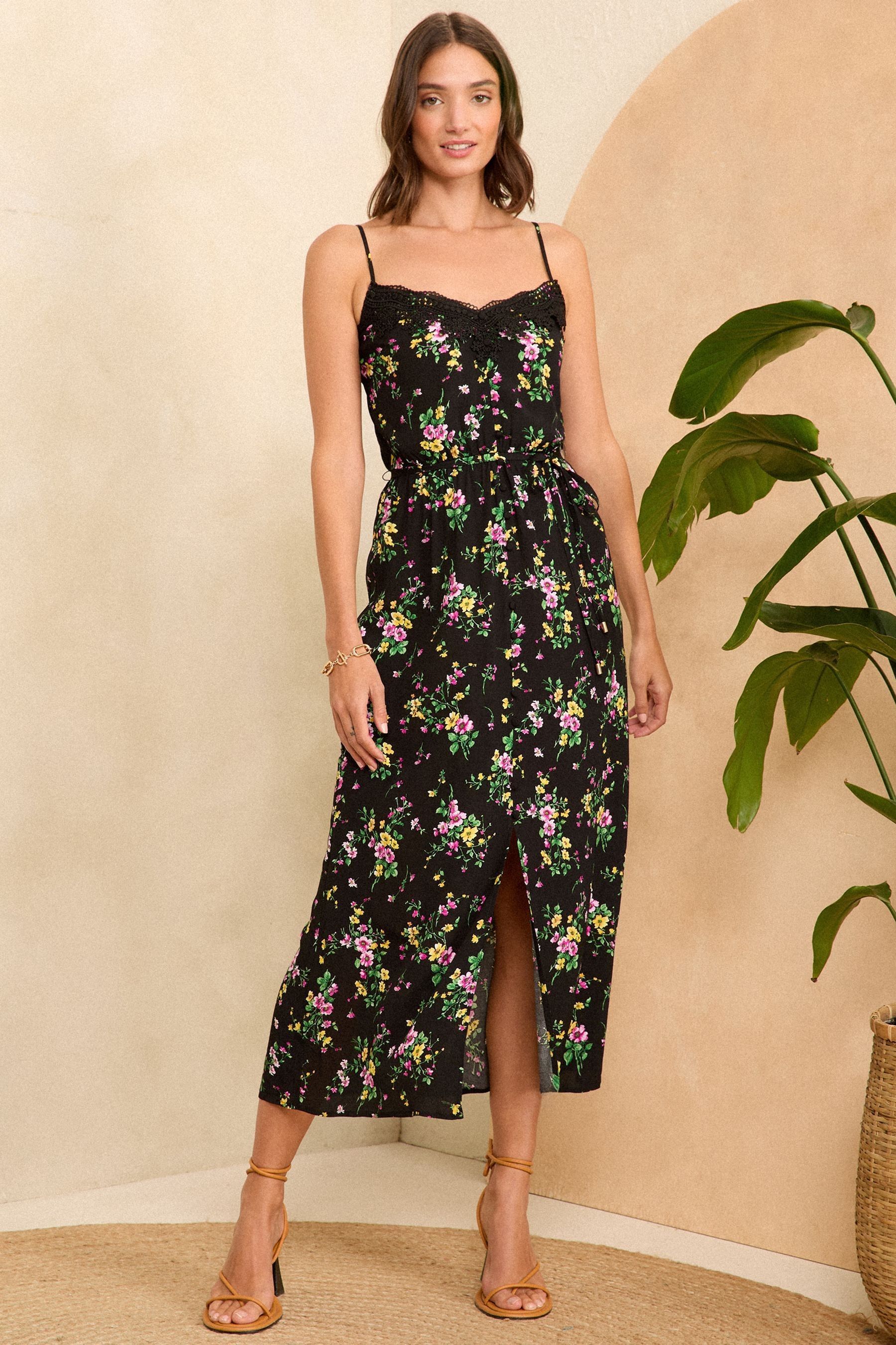 Love Roses Black Floral Lace Trim Satin Midi Strappy Dress