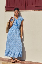 Blue Tile Print Tie Front Short Sleeve Maxi Dress - Image 3 of 6