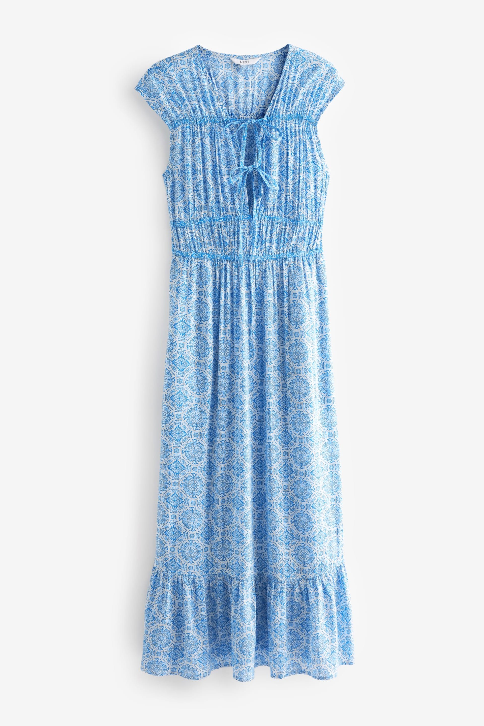 Blue Tile Print Tie Front Short Sleeve Maxi Dress - Image 5 of 6