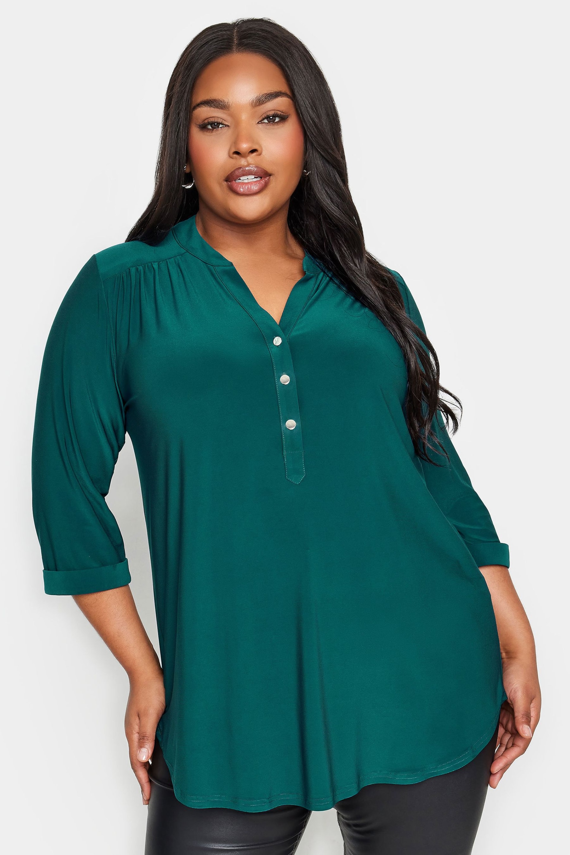 Yours Curve Green Half Placket Jersey Blouse - Image 1 of 4