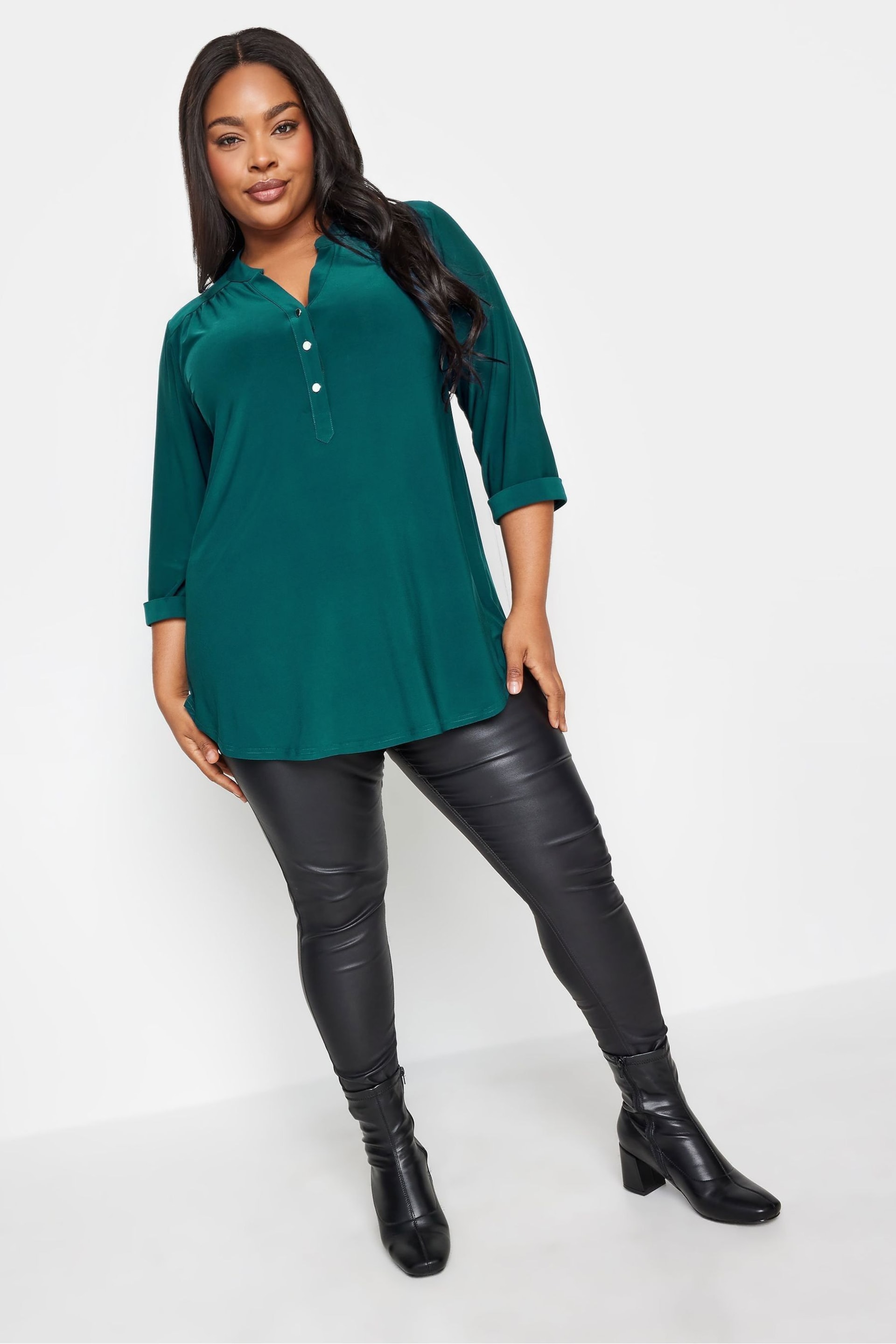 Yours Curve Green Half Placket Jersey Blouse - Image 2 of 4