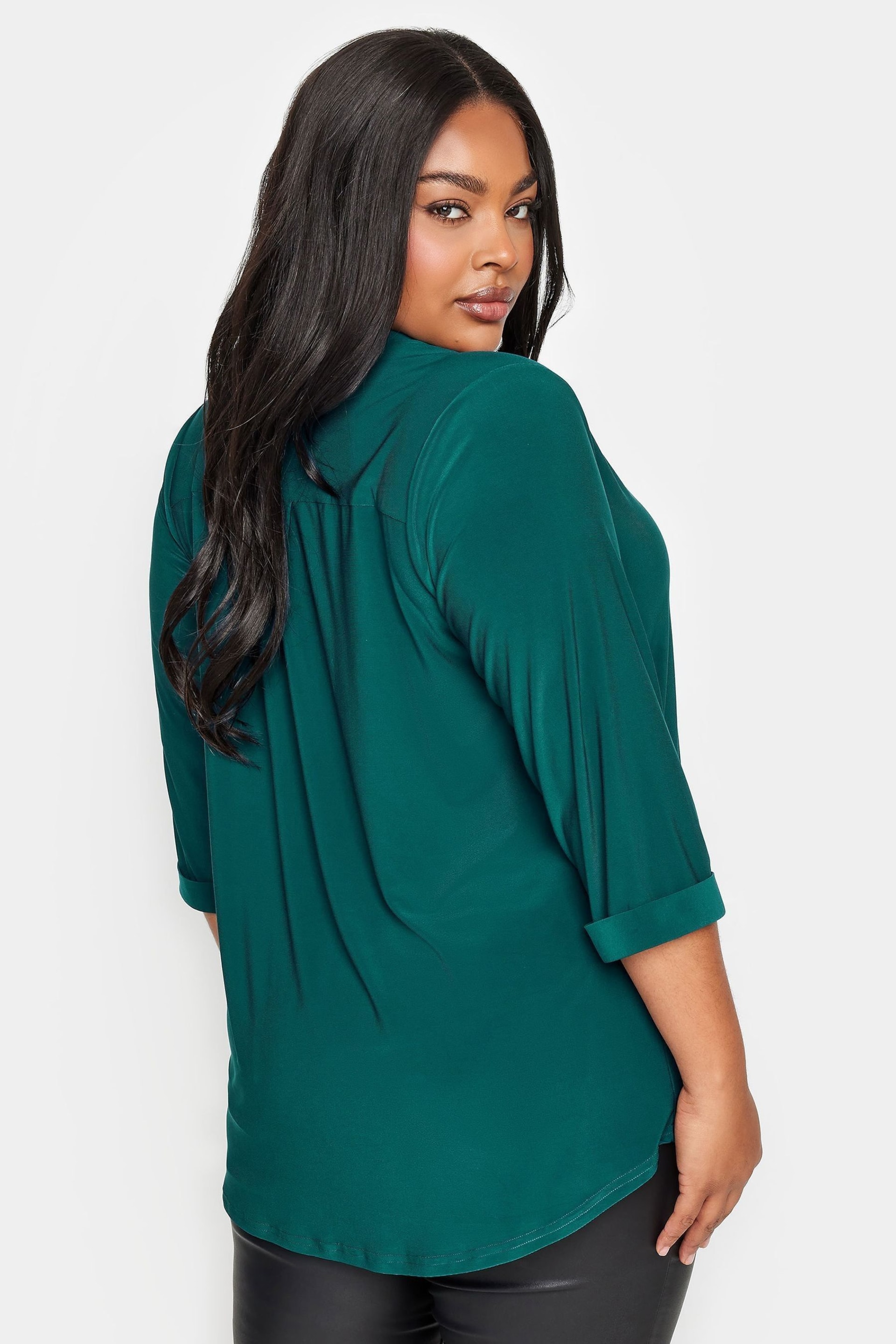 Yours Curve Green Half Placket Jersey Blouse - Image 3 of 4